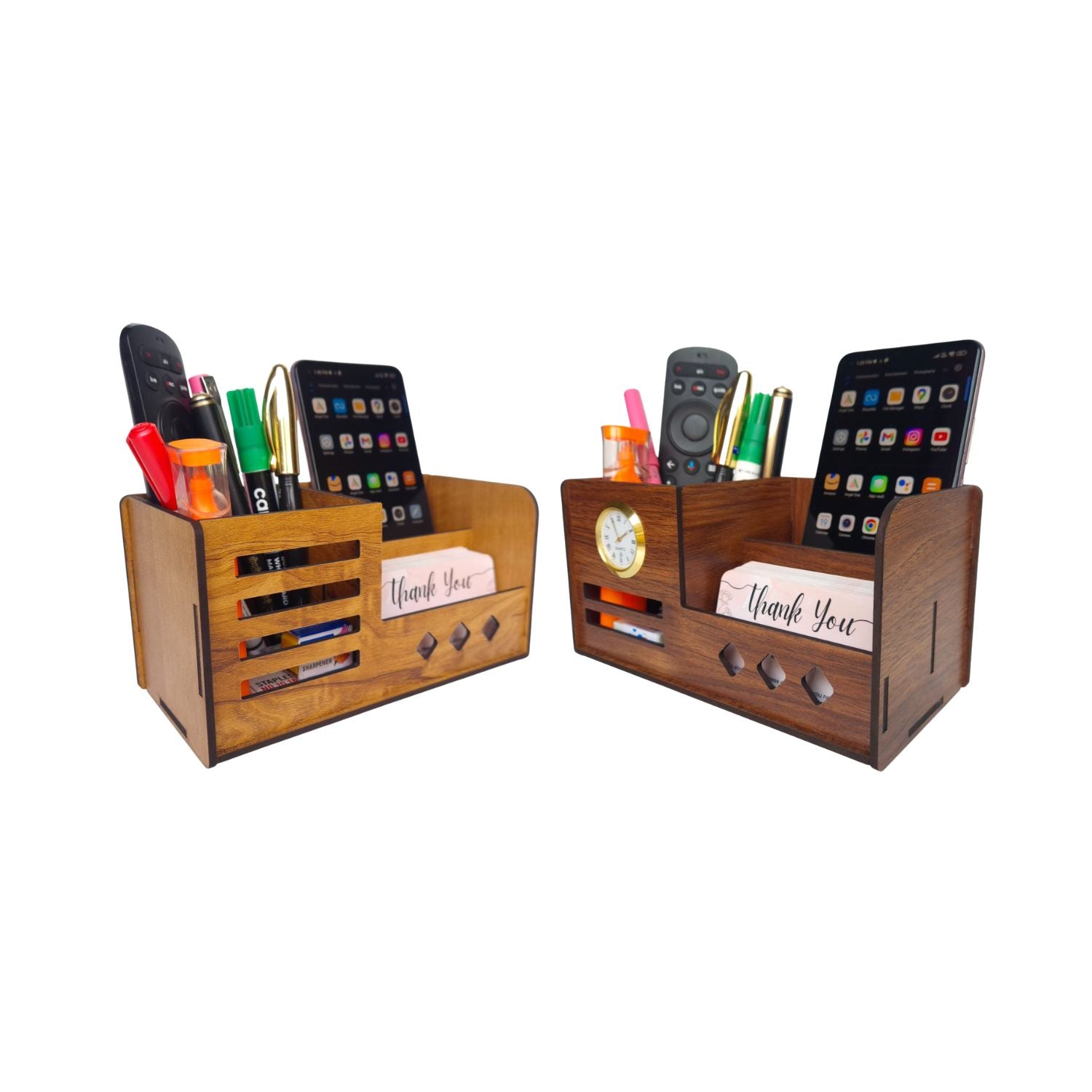 Multipurpose Wooden Desk Organizer with Pen, Pencil Stand, Business Card Holder, and Mobile Stand - Brown Combo