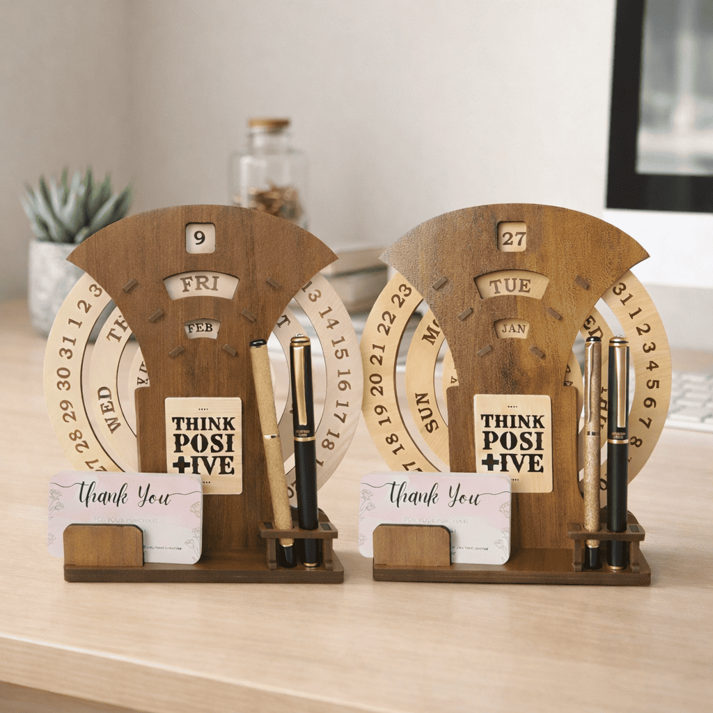 Circular lifetime wooden Desk Calendar with Pen holder & Visiting Card for Office and home |Manual Rotation Perpetual Calendar Combo
