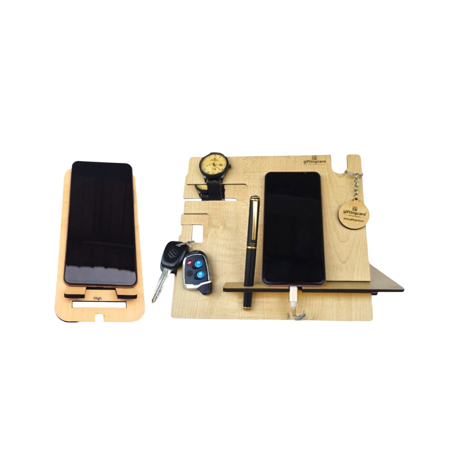 Wooden Docking Station for Mobile, Watch Key Holder Pen Stand, Desk Table Organizer For Office Study Table Home Combo