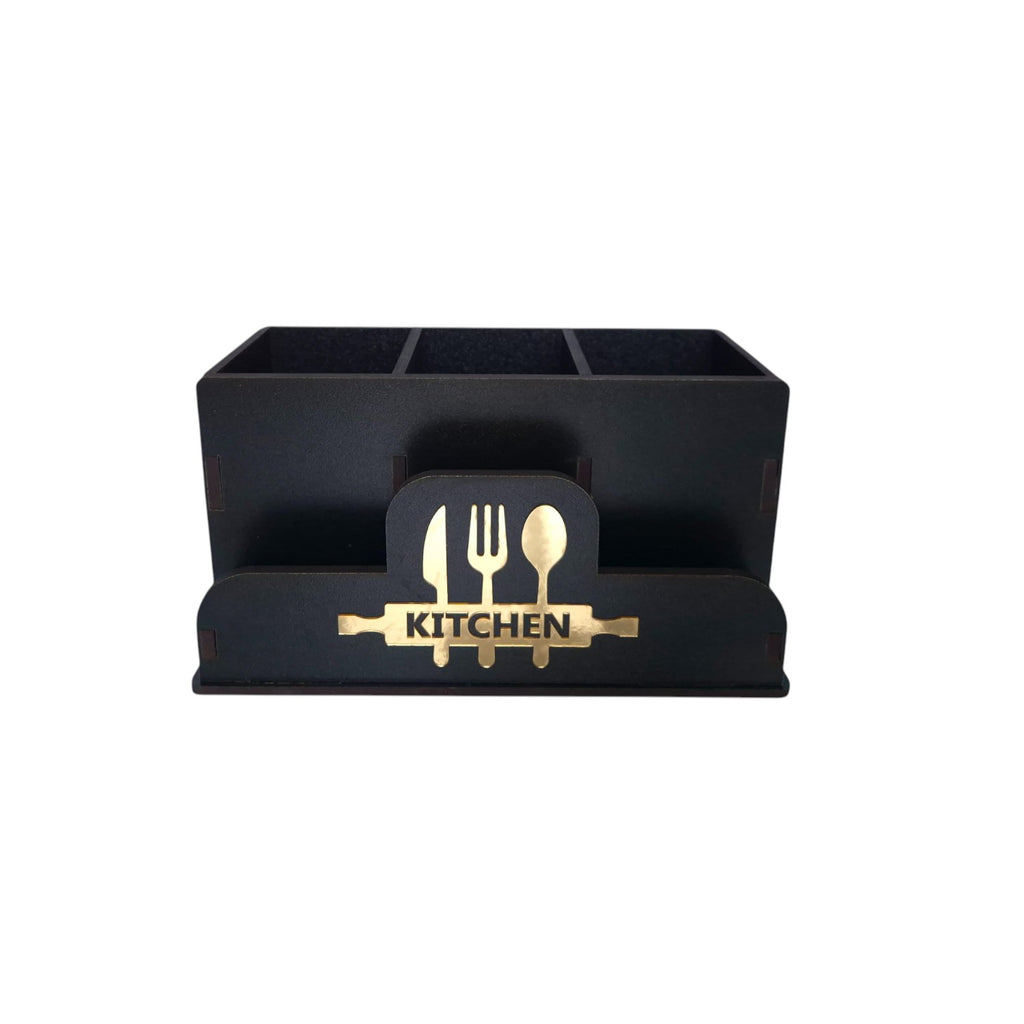 Wooden Cutlery Stand with Tissue Paper Holder for Kitchen & Dining Table | Spoon, Knife & Fork Holder|4 Compartments