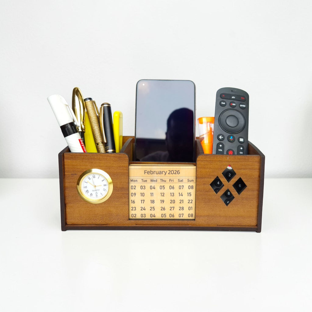 Desk Organizer With Mobile Holder, Remote & Visiting Card Holder | Multipurpose Wooden Pen And Pencil Holder Stand For Office Desk And Study Table