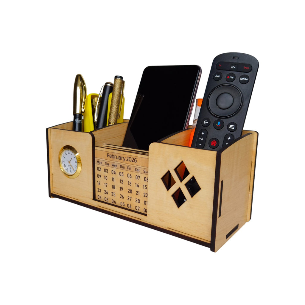 Desk Organizer With Mobile Holder, Remote & Visiting Card Holder | Multipurpose Wooden Pen And Pencil Holder Stand For Office Desk And Study Table
