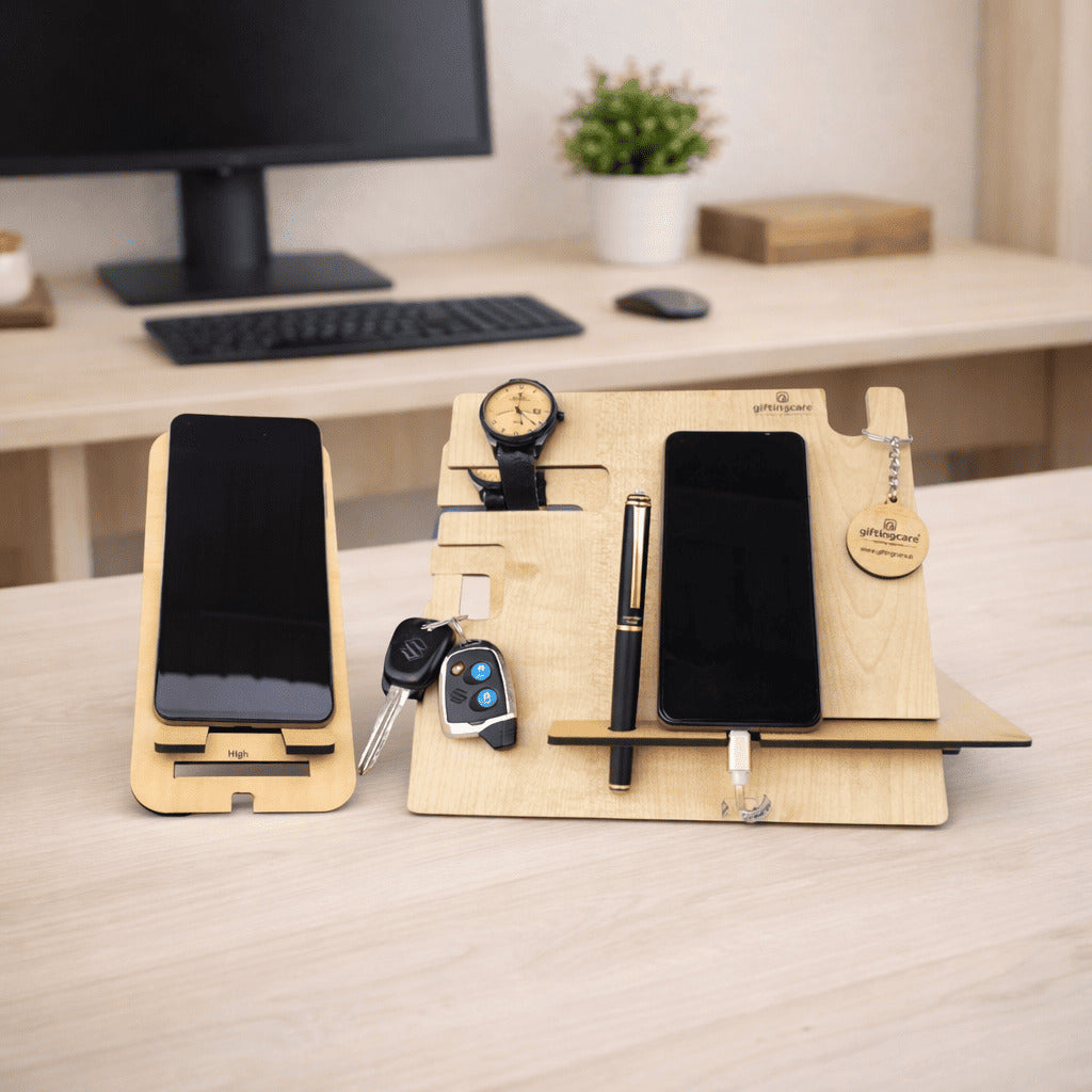 Wooden Docking Station for Mobile, Watch Key Holder Pen Stand, Desk Table Organizer For Office Study Table Home Combo