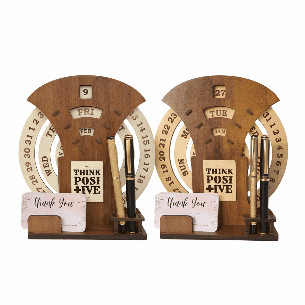 Circular lifetime wooden Desk Calendar with Pen holder & Visiting Card for Office and home |Manual Rotation Perpetual Calendar Combo