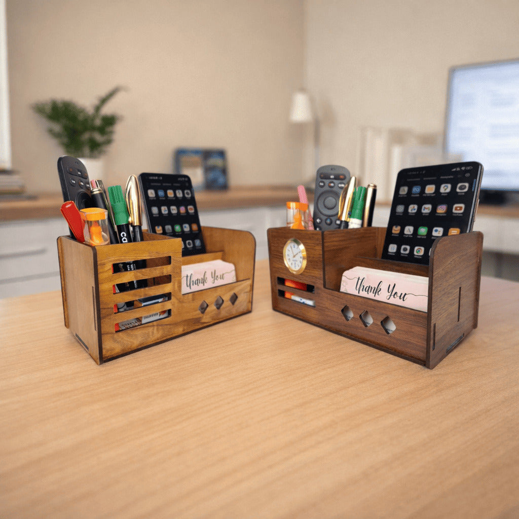 Multipurpose Wooden Desk Organizer with Pen, Pencil Stand, Business Card Holder, and Mobile Stand - Brown Combo