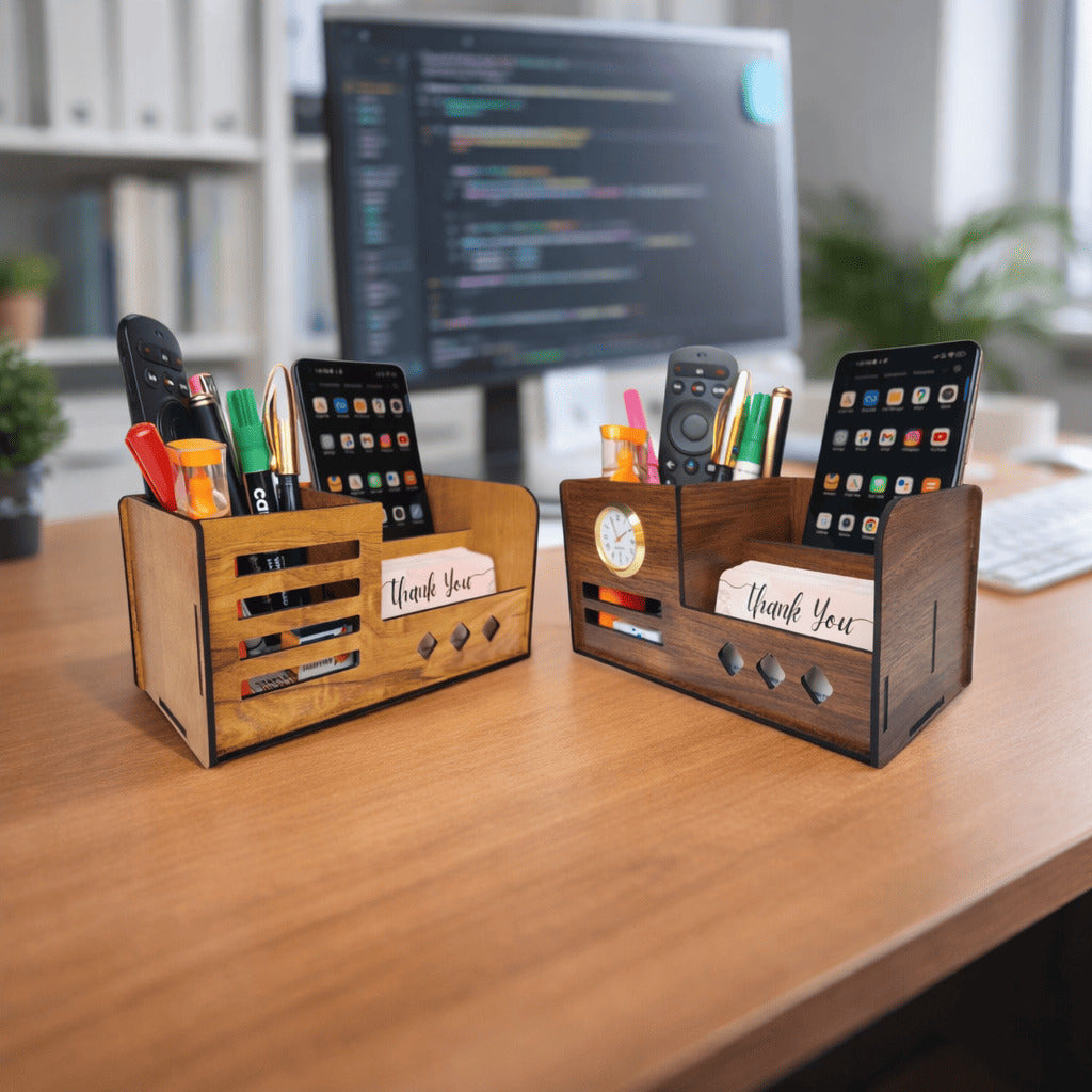 Multipurpose Wooden Desk Organizer with Pen, Pencil Stand, Business Card Holder, and Mobile Stand - Brown Combo