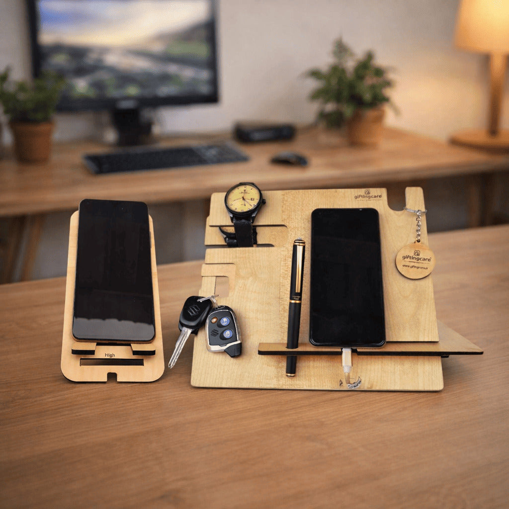 Wooden Docking Station for Mobile, Watch Key Holder Pen Stand, Desk Table Organizer For Office Study Table Home Combo