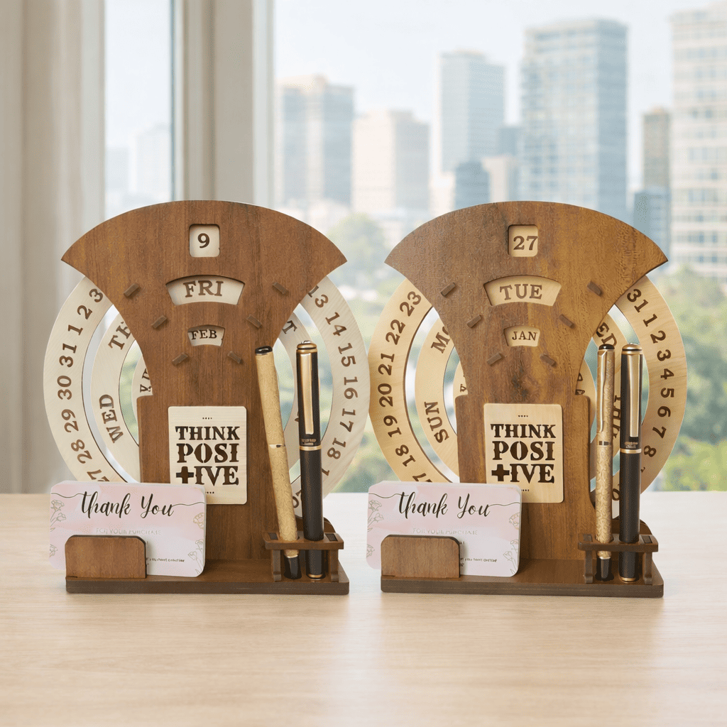 Circular lifetime wooden Desk Calendar with Pen holder & Visiting Card for Office and home |Manual Rotation Perpetual Calendar Combo