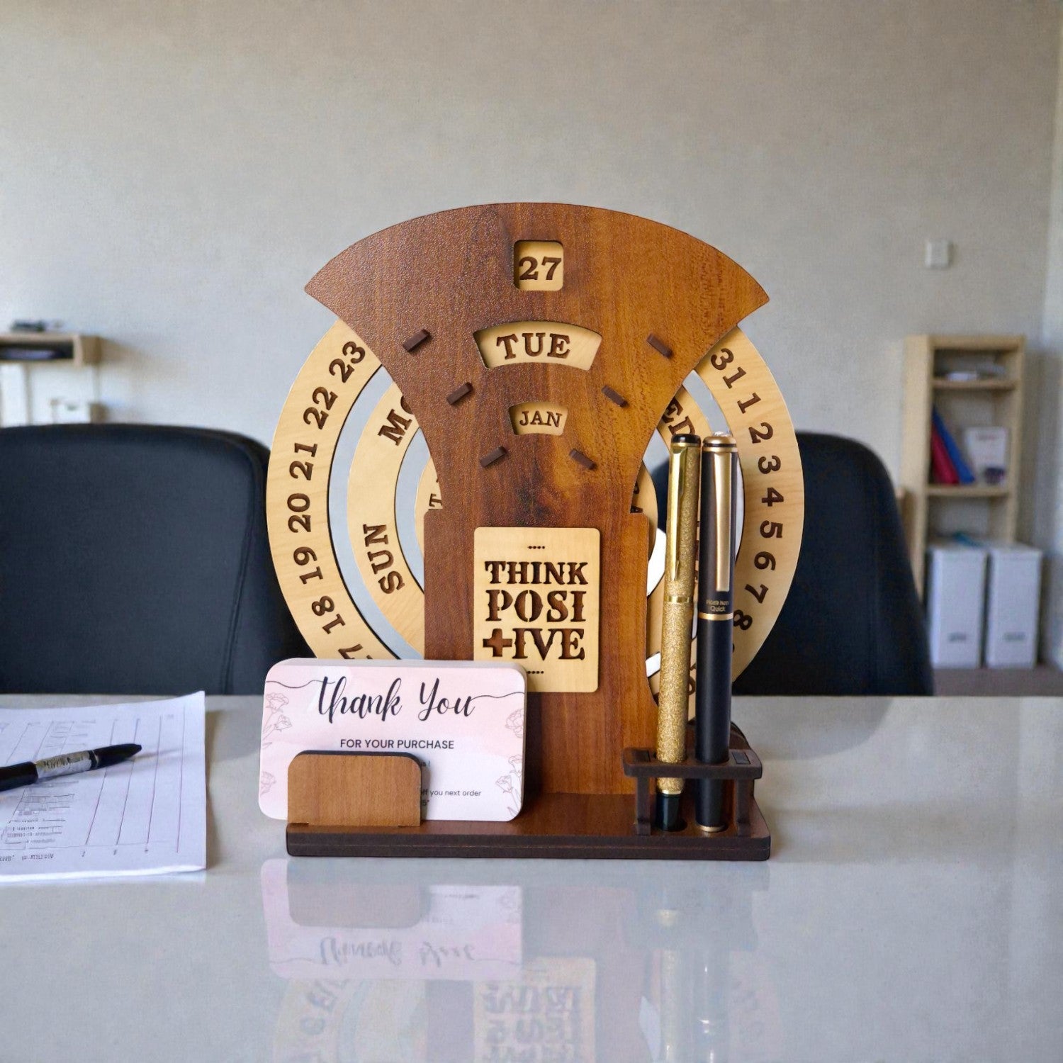 Circular lifetime wooden Desk Calendar with Pen holder & Visiting Card for Office and home |Manual Rotation Perpetual Calendar Combo
