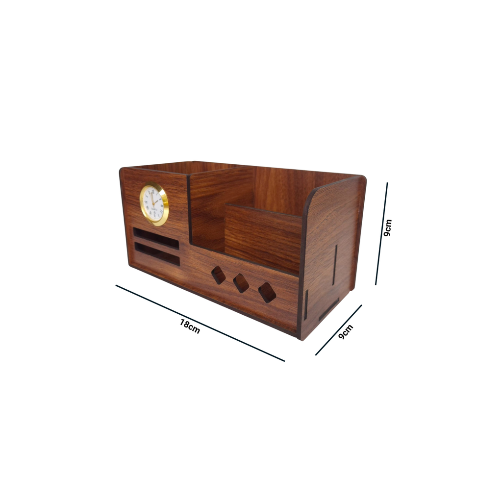 Multipurpose Wooden Desk Organizer with Pen, Pencil Stand, Business Card Holder, and Mobile Stand - Brown Combo