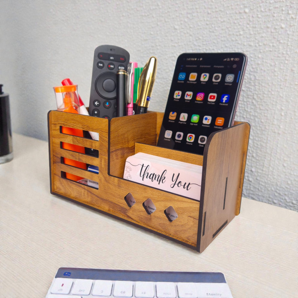 Multipurpose Wooden Desk Organizer with Pen, Pencil Stand, Business Card Holder, and Mobile Stand - Brown Combo