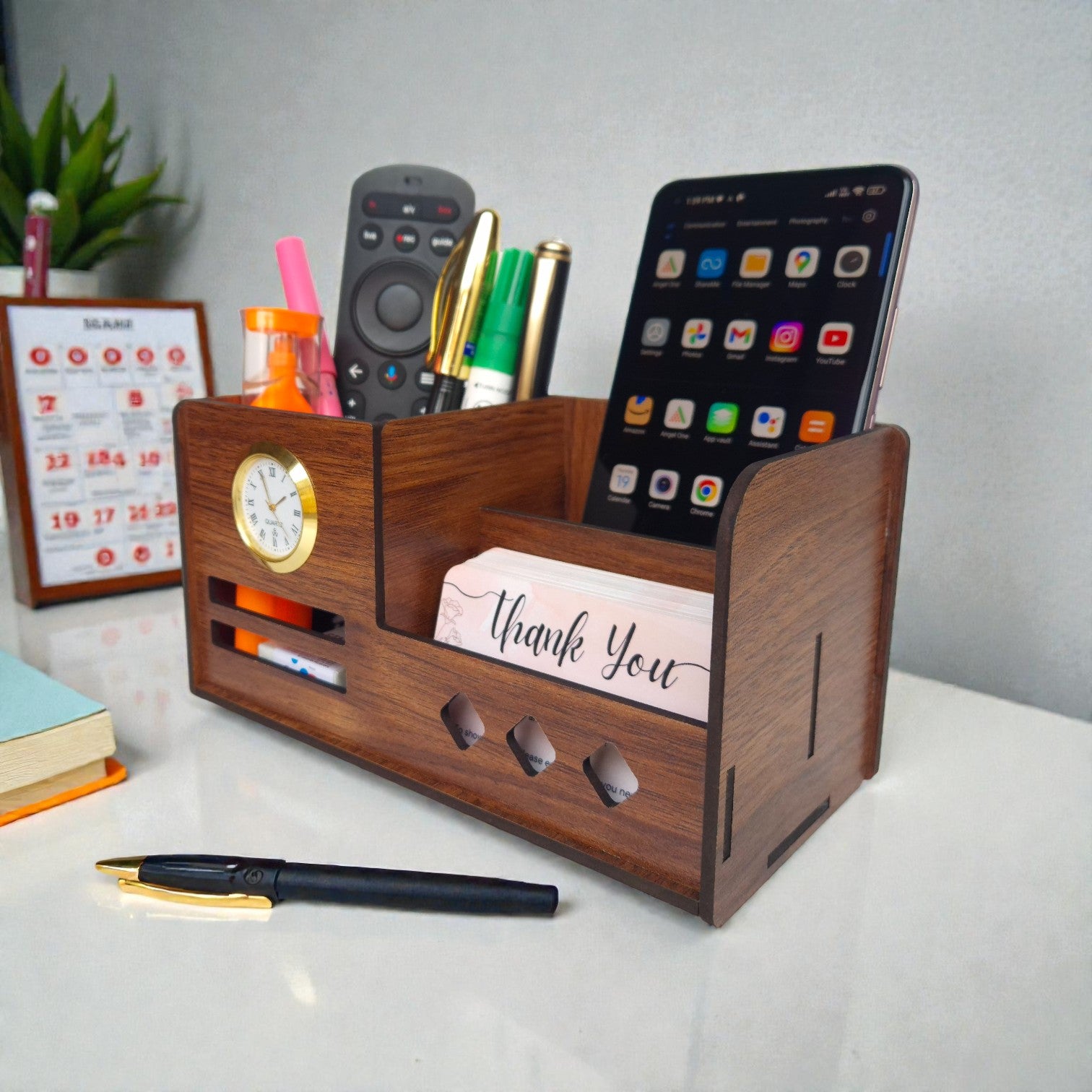Multipurpose Wooden Desk Organizer with Pen, Pencil Stand, Business Card Holder, and Mobile Stand - Brown Combo
