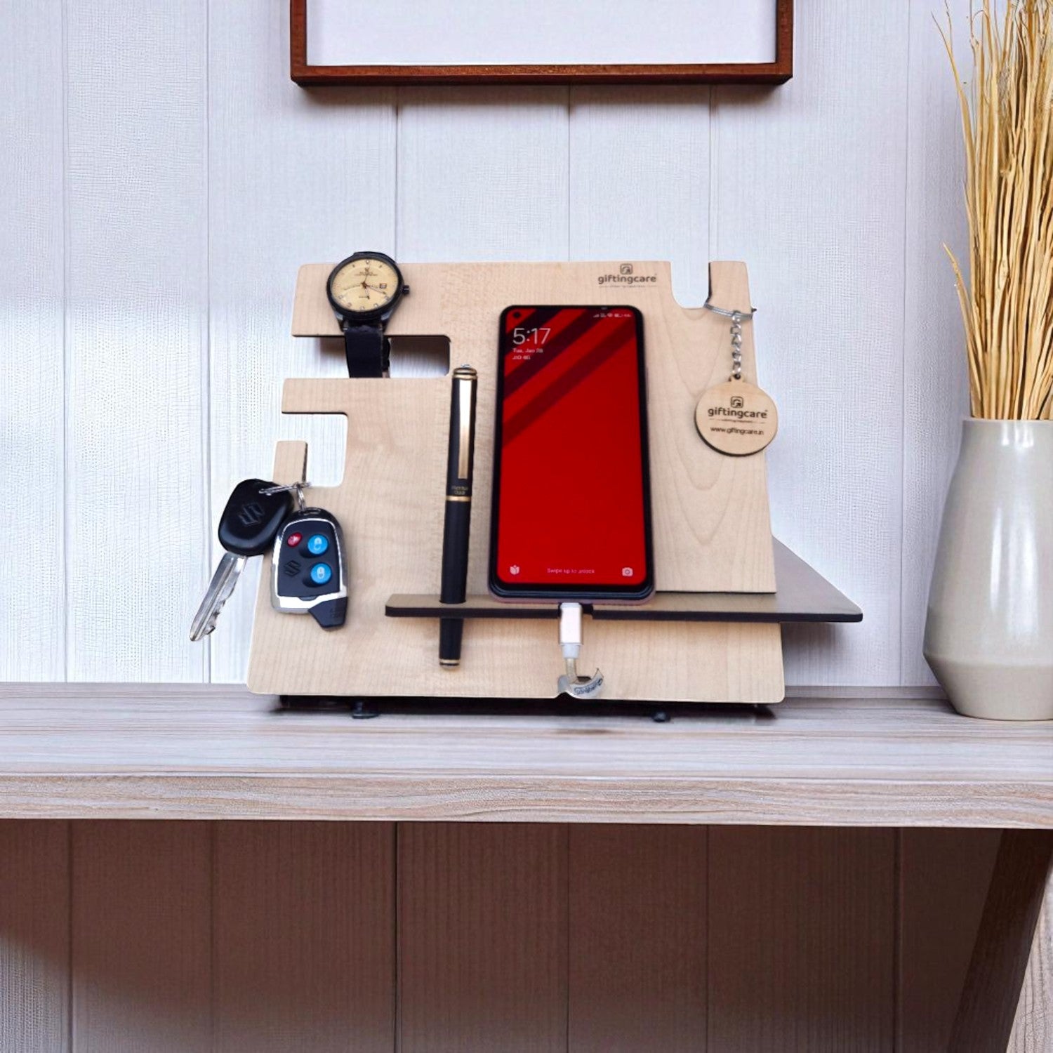 Wooden Docking Station for Mobile, Watch Key Holder Pen Stand, Desk Table Organizer For Office Study Table Home Combo