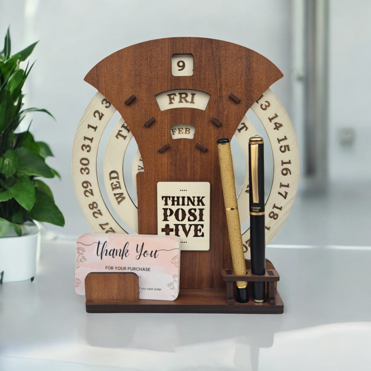 Circular lifetime wooden Desk Calendar with Pen holder & Visiting Card for Office and home |Manual Rotation Perpetual Calendar Combo