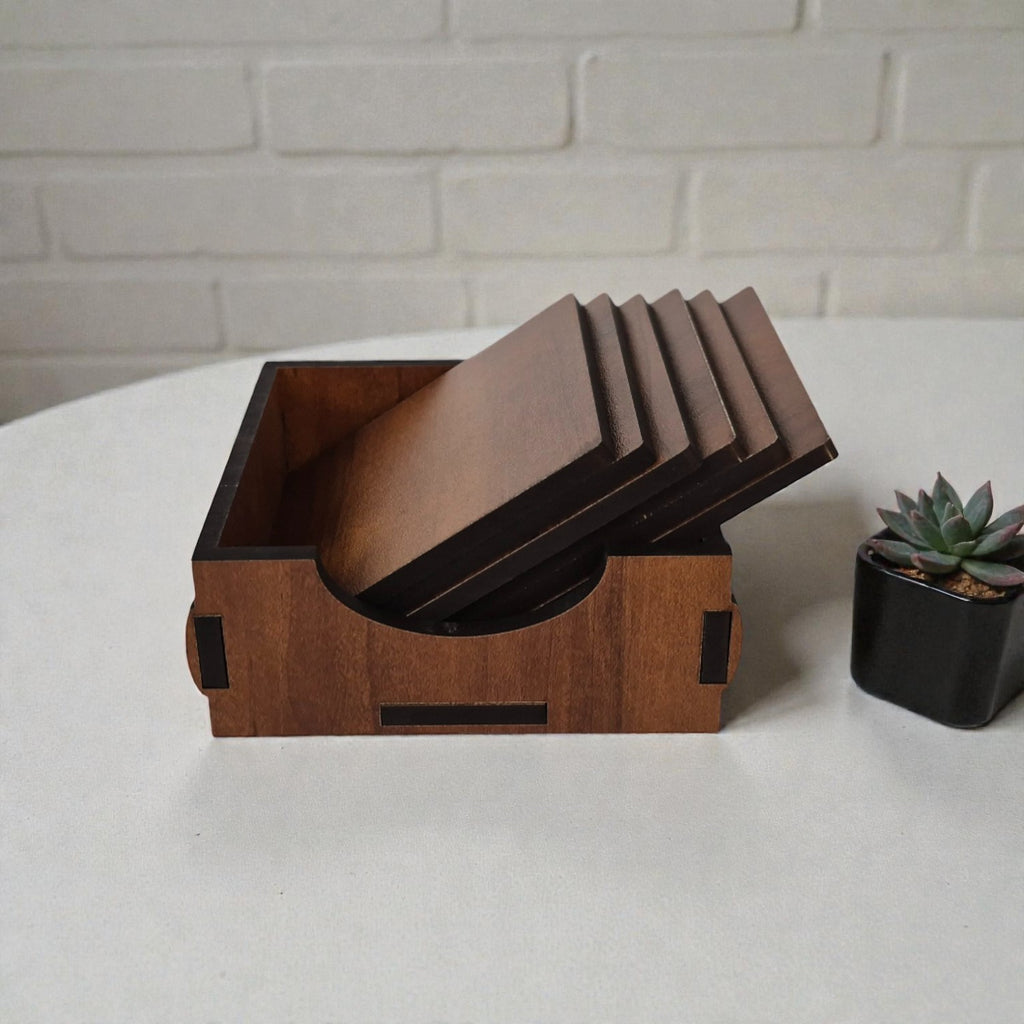 Wooden Coaster Set of 6 with Coaster Box for Tea cups, Coffee Mugs, Bottles, Glasses - Square Design (Maple Color)