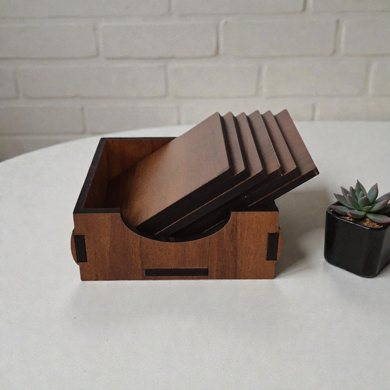 Wooden Coaster Set of 6 with Coaster Box for Tea cups, Coffee Mugs, Bottles, Glasses - Square Design (Maple Color)