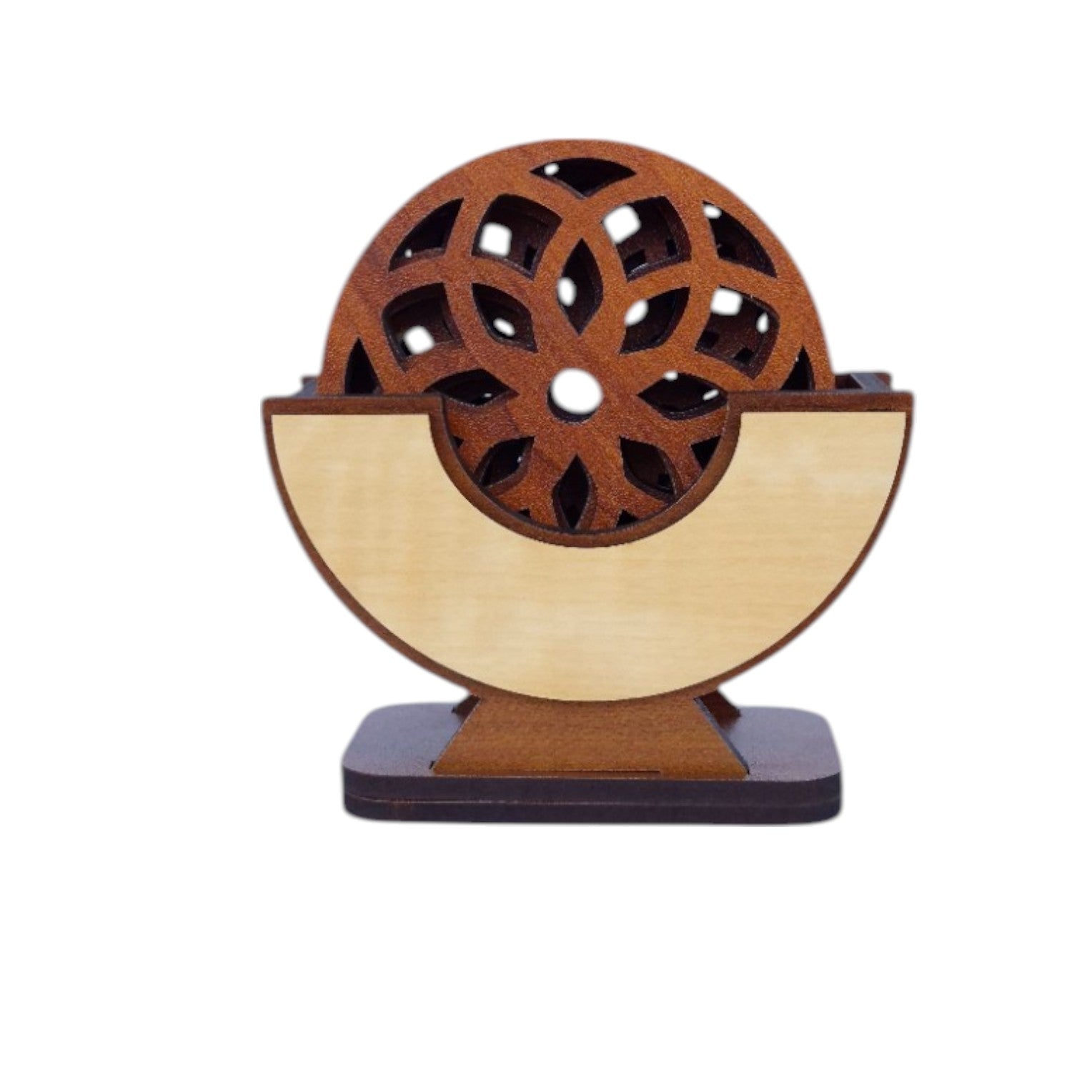 Wooden Coaster Set of 6 with Coaster Box for Tea cups, Coffee Mugs, Bottles, Glasses (Arc Design, Teak wood Color)