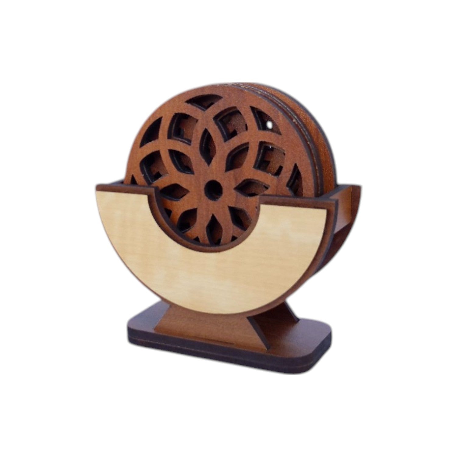 Wooden Coaster Set of 6 with Coaster Box for Tea cups, Coffee Mugs, Bottles, Glasses (Arc Design, Teak wood Color)