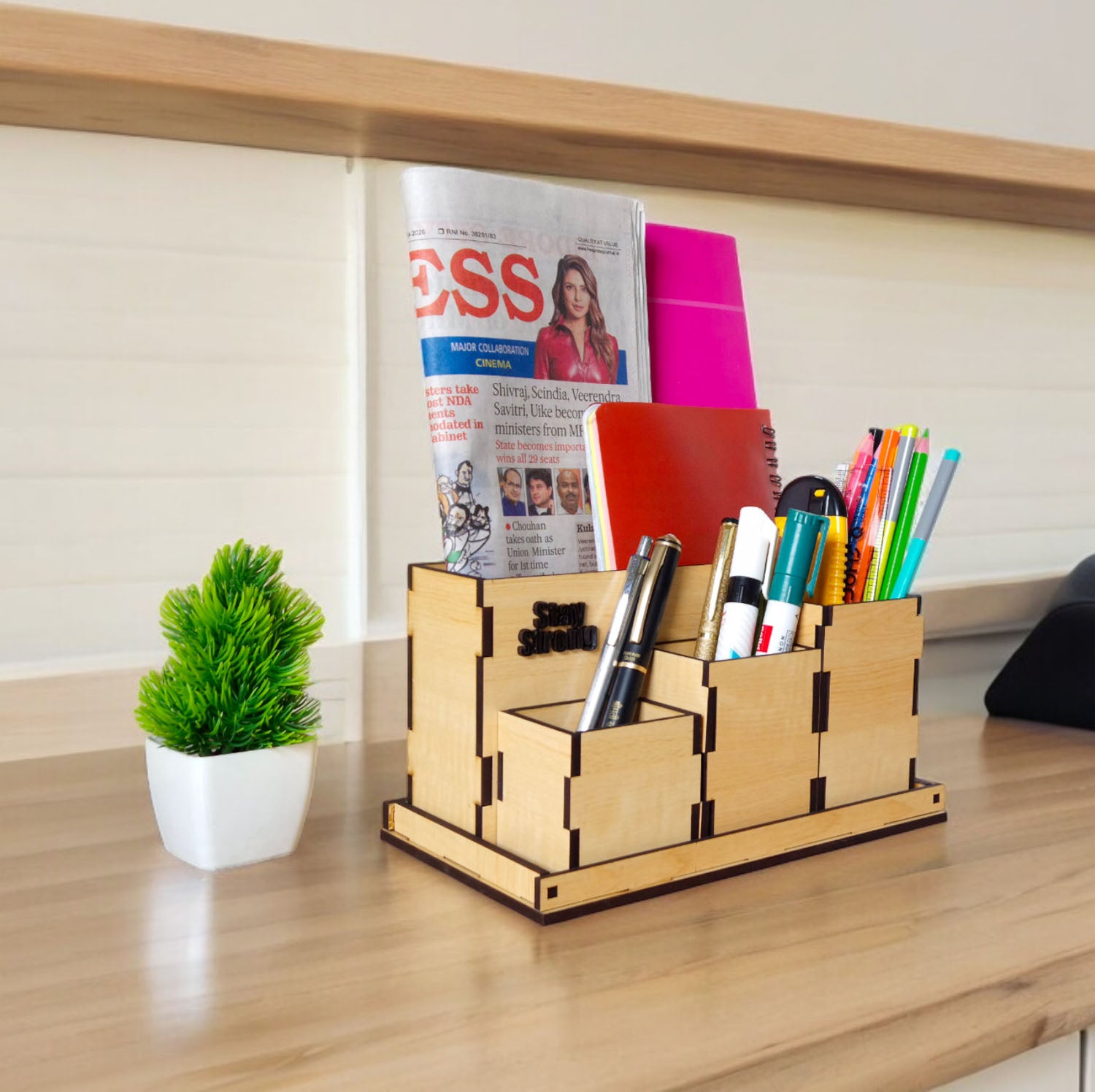 Wooden Pen Stand for Study Table Office Desk Organizer Desk Organizer Multipurpose Storage Box Remote & Pen Stand 4 Boxes with Tray Stationary Organizer