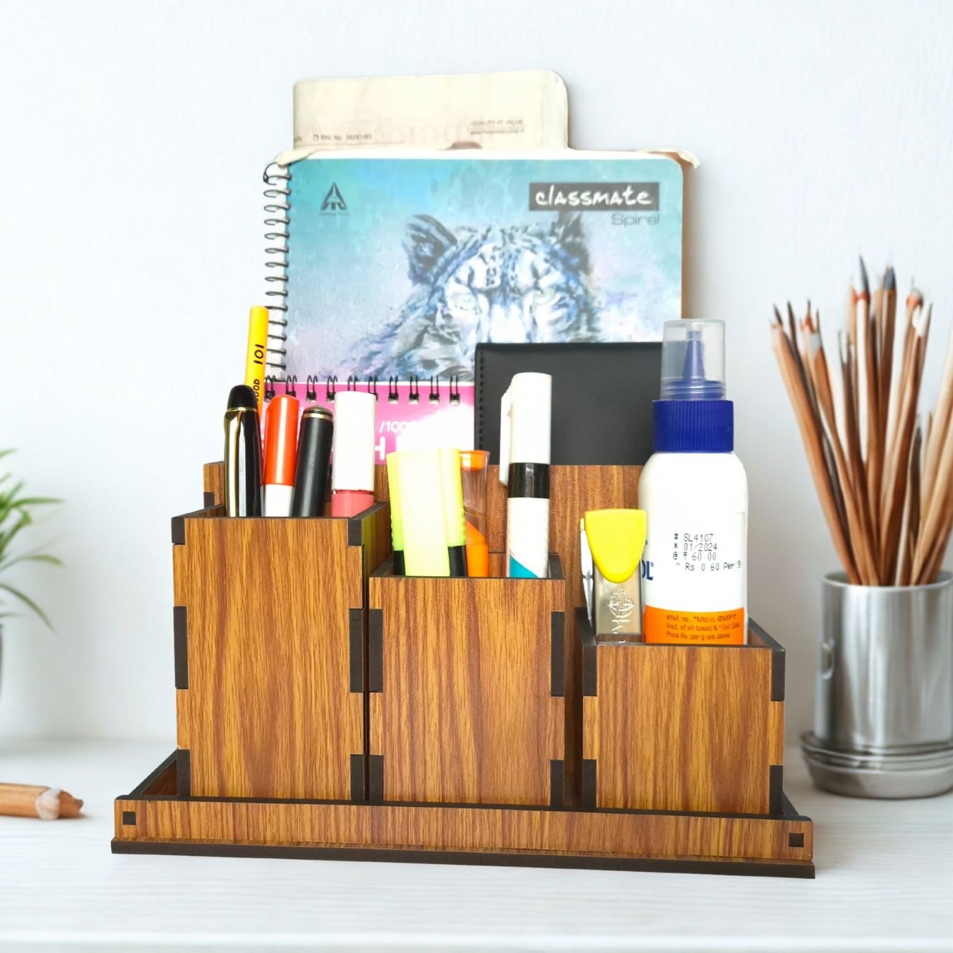 Wooden Pen Stand for Study Table Office Desk Organizer Desk Organizer Multipurpose Storage Box Remote & Pen Stand 4 Boxes with Tray Stationary Organizer