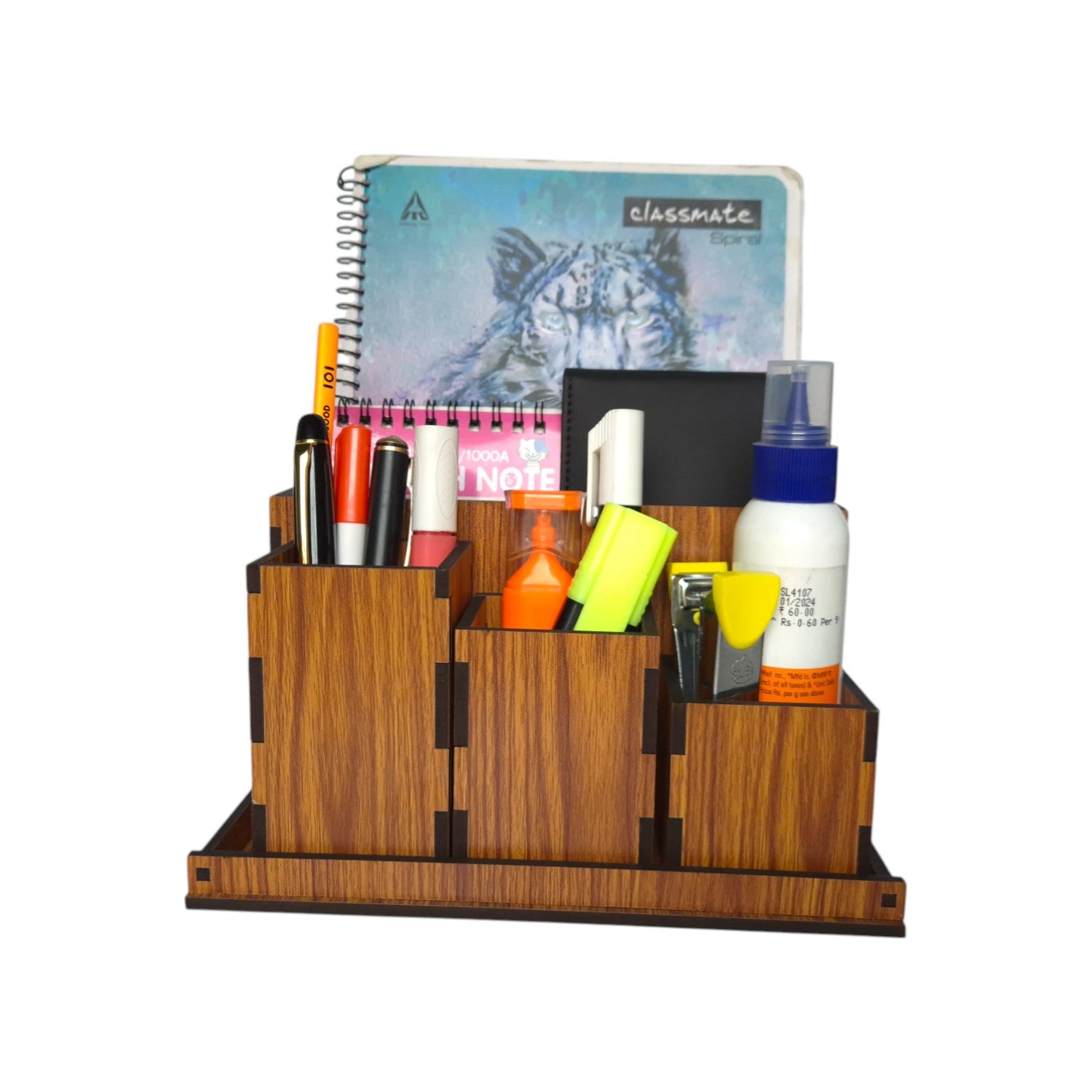 Wooden Pen Stand for Study Table Office Desk Organizer Desk Organizer Multipurpose Storage Box Remote & Pen Stand 4 Boxes with Tray Stationary Organizer
