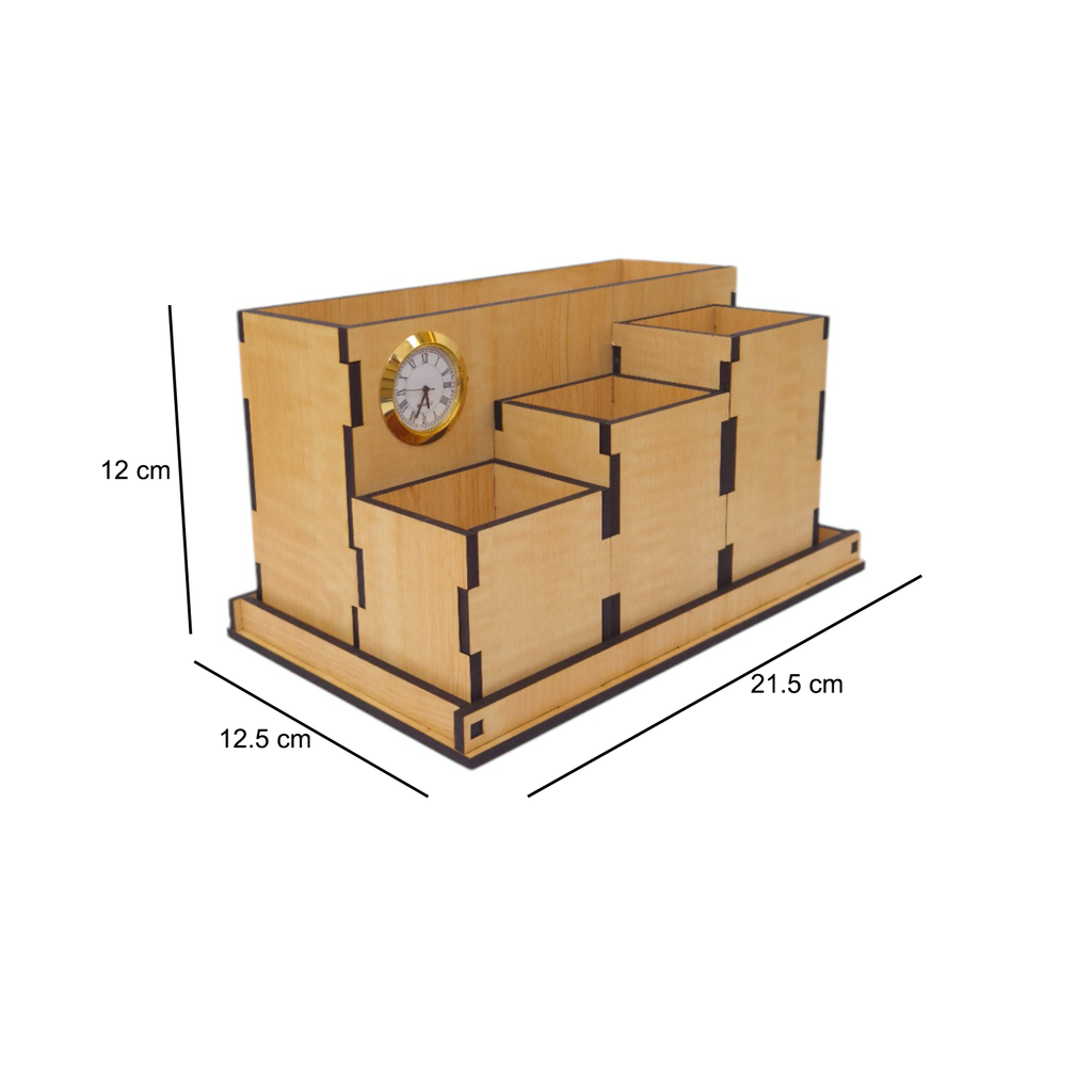 Wooden Desk Organiser with Clock Remote and Pen Stand Multi-Compartment Storage Box MDF 4 Box and 1 Tray Office Stationery Holder Desk Accessories