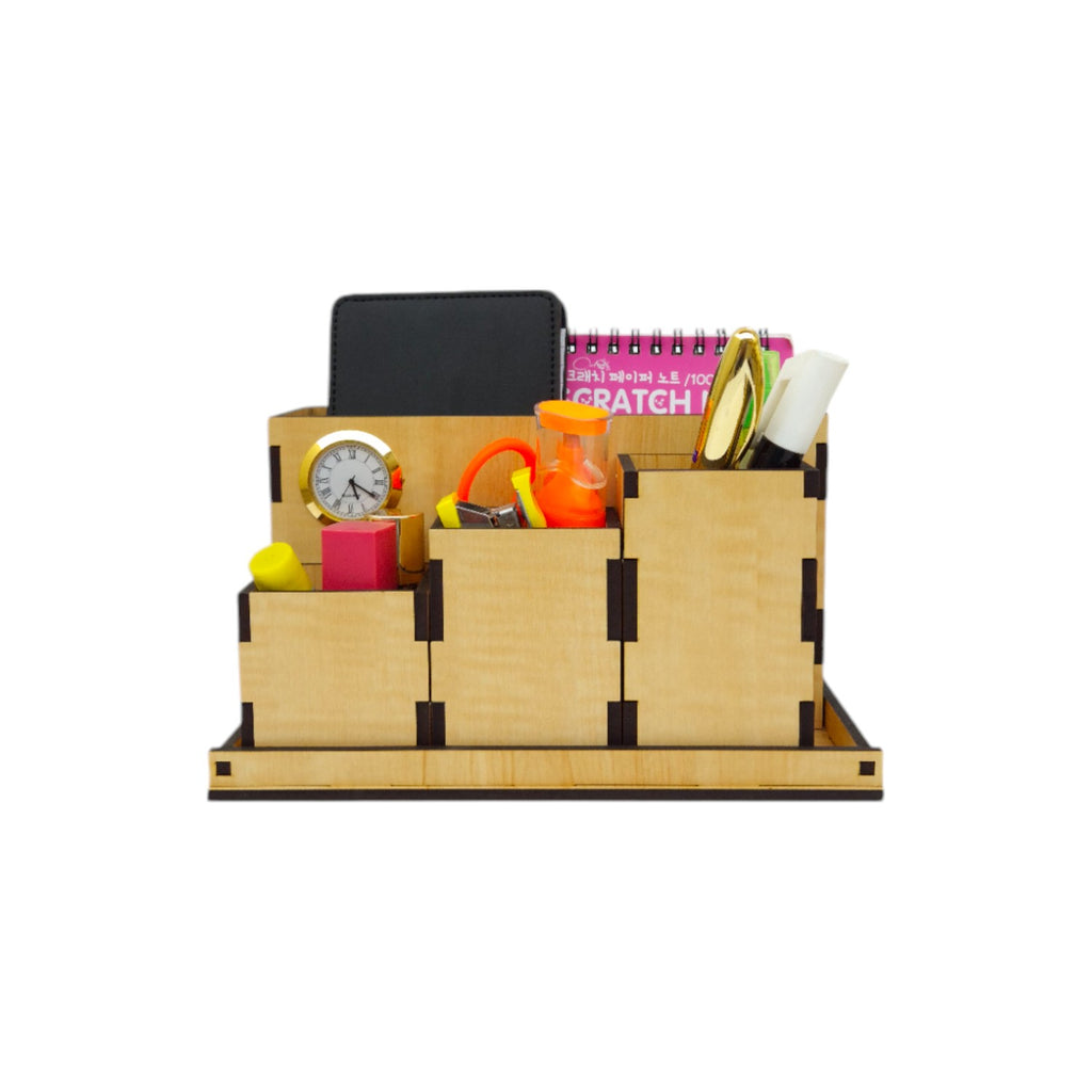 Wooden Desk Organiser with Clock Remote and Pen Stand Multi-Compartment Storage Box MDF 4 Box and 1 Tray Office Stationery Holder Desk Accessories