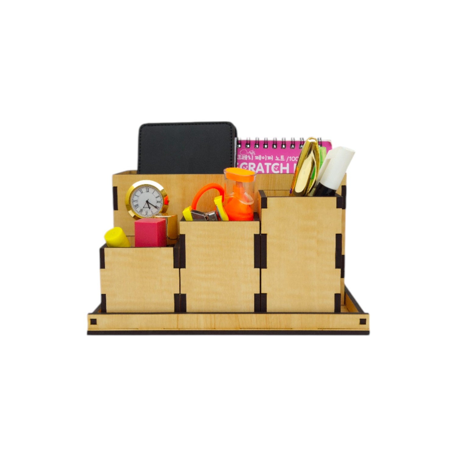 Wooden Desk Organiser with Clock Remote and Pen Stand Multi-Compartment Storage Box MDF 4 Box and 1 Tray Office Stationery Holder Desk Accessories