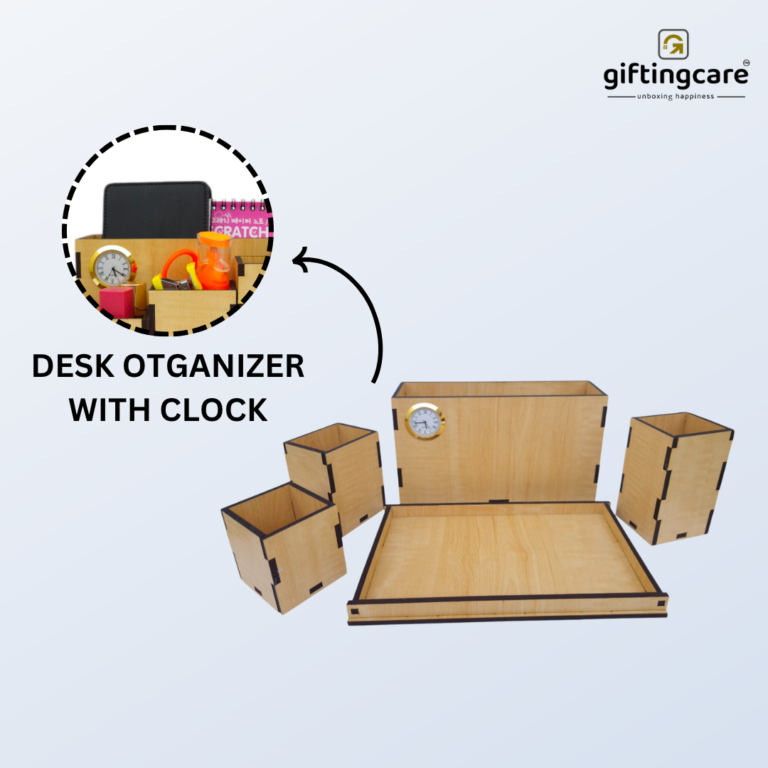 Wooden Desk Organiser with Clock Remote and Pen Stand Multi-Compartment Storage Box MDF 4 Box and 1 Tray Office Stationery Holder Desk Accessories