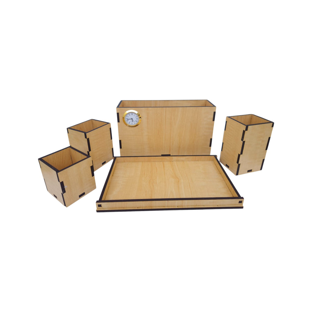 Wooden Desk Organiser with Clock Remote and Pen Stand Multi-Compartment Storage Box MDF 4 Box and 1 Tray Office Stationery Holder Desk Accessories