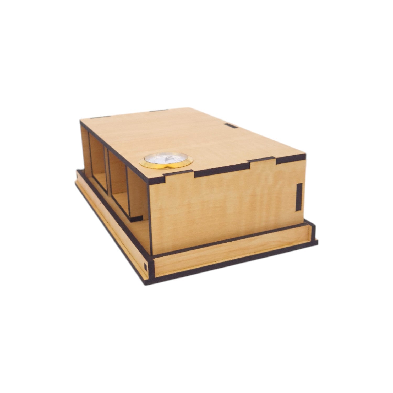 Wooden Desk Organiser with Clock Remote and Pen Stand Multi-Compartment Storage Box MDF 4 Box and 1 Tray Office Stationery Holder Desk Accessories