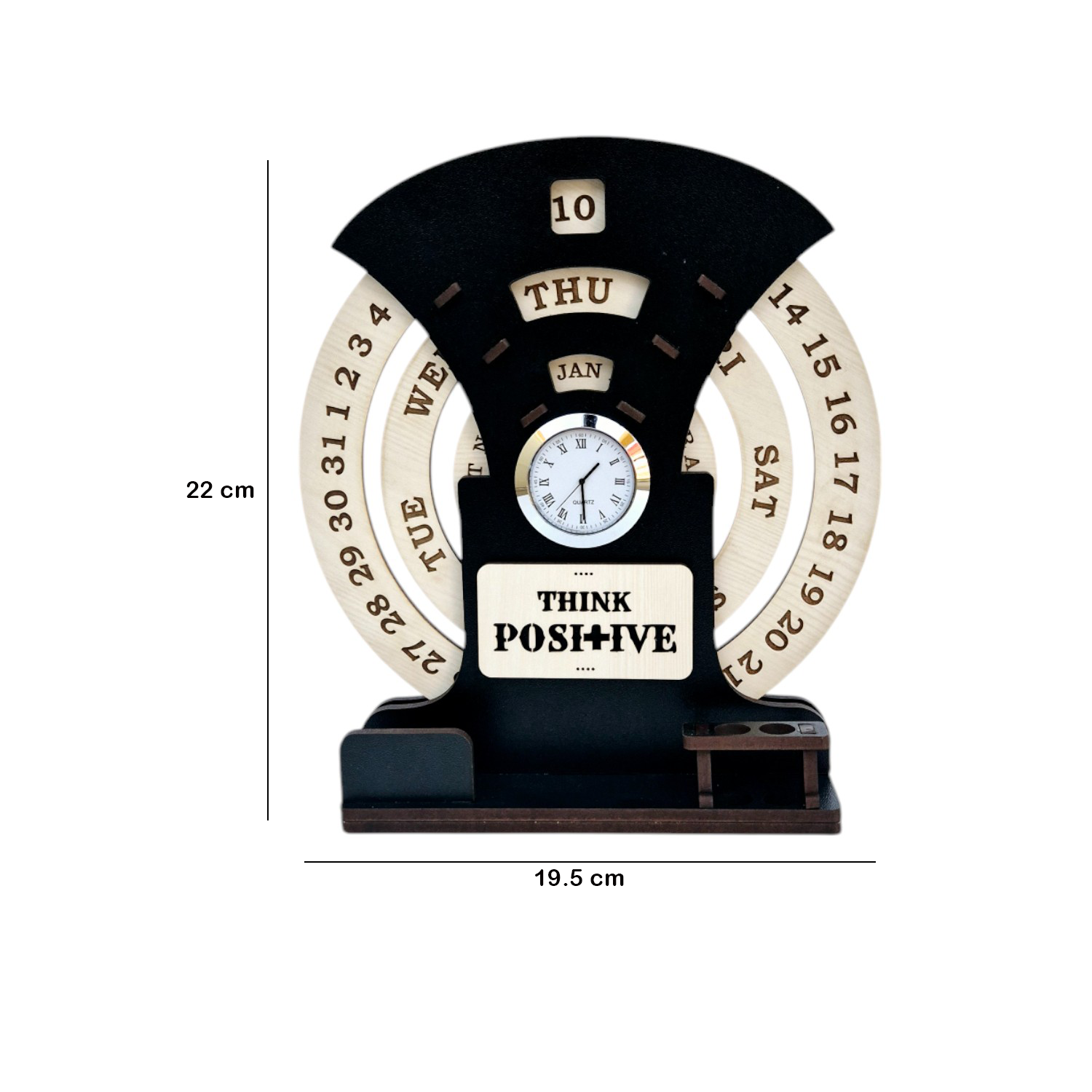 Circular Lifetime wooden Desk Calendar with Clock, Pen holder & Visiting Card | Home Decor Office Desktop Decoration| Corporate Gifts |Manual Rotation Perpetual Calendar