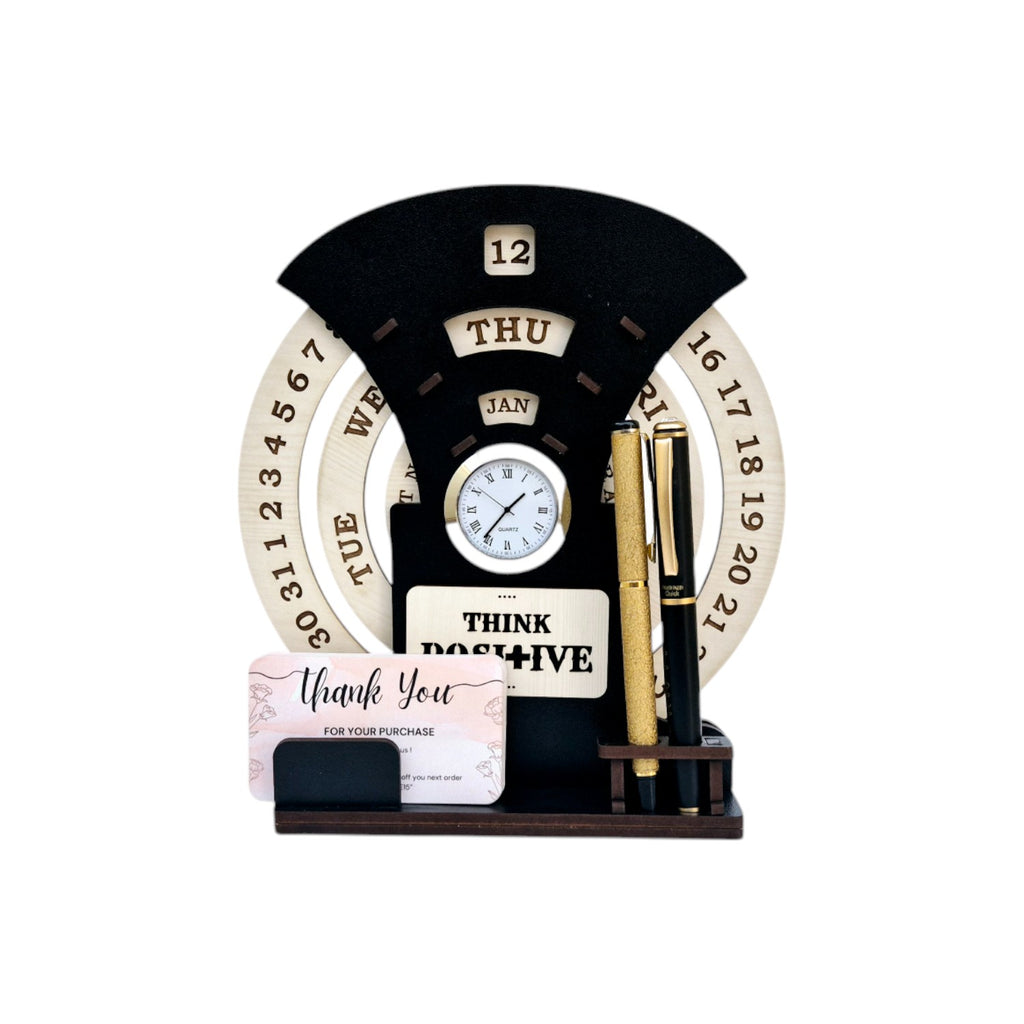 Circular Lifetime wooden Desk Calendar with Clock, Pen holder & Visiting Card | Home Decor Office Desktop Decoration| Corporate Gifts |Manual Rotation Perpetual Calendar