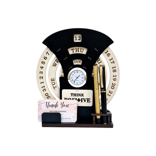 Circular Lifetime wooden Desk Calendar with Clock, Pen holder & Visiting Card | Home Decor Office Desktop Decoration| Corporate Gifts |Manual Rotation Perpetual Calendar