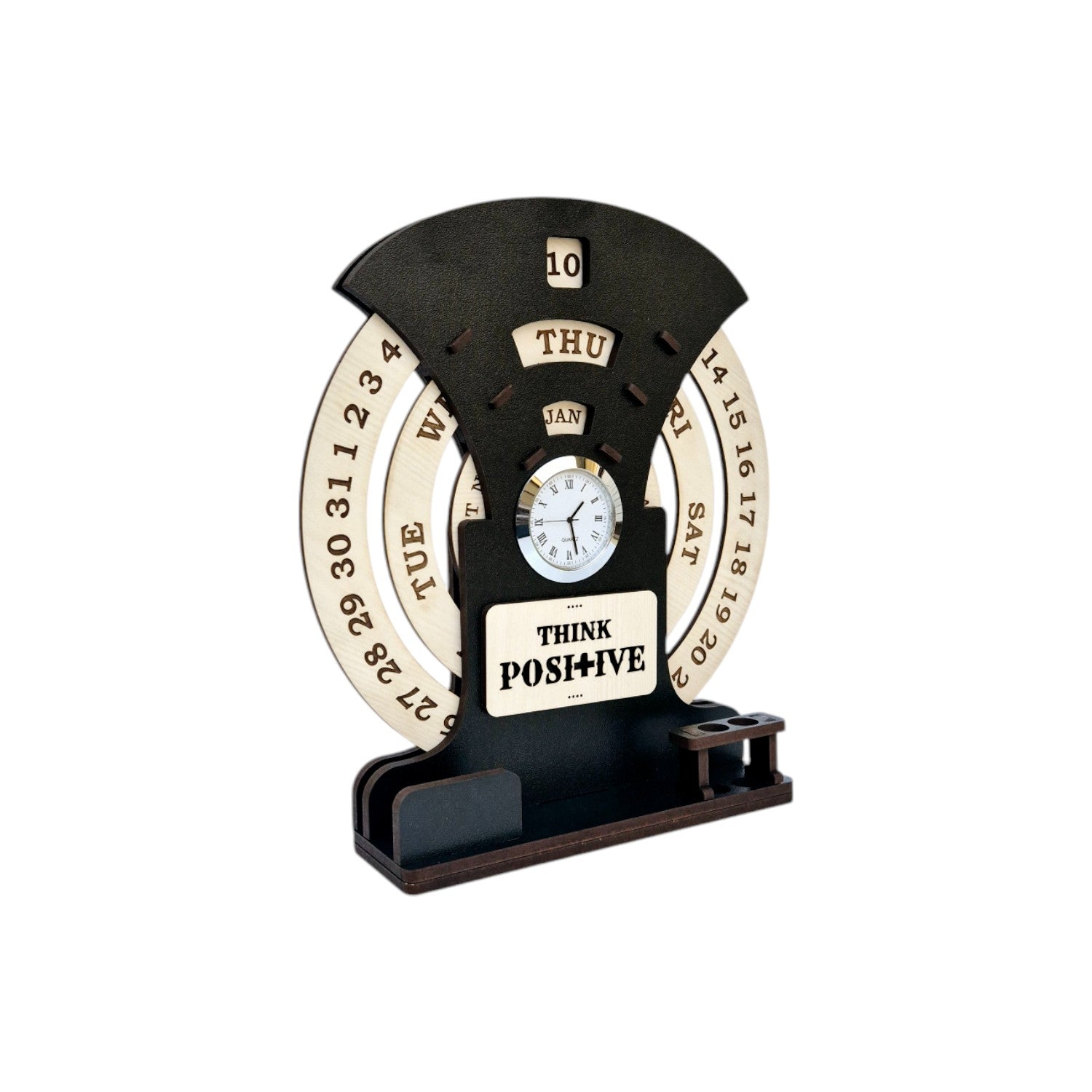 Circular Lifetime wooden Desk Calendar with Clock, Pen holder & Visiting Card | Home Decor Office Desktop Decoration| Corporate Gifts |Manual Rotation Perpetual Calendar