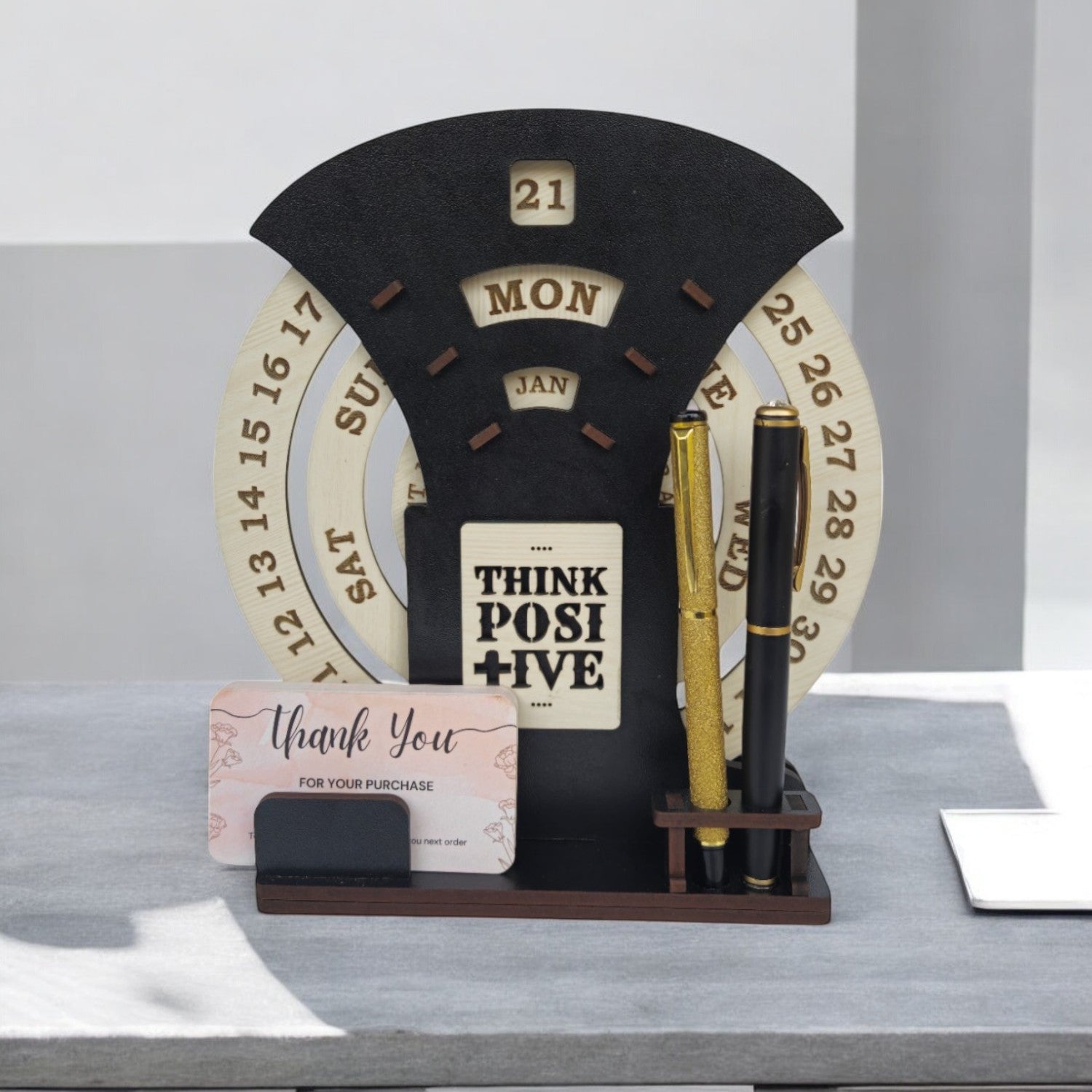 Circular lifetime wooden Desk Calendar with Pen holder & Visiting Card for Office and home | |Corporate gifts