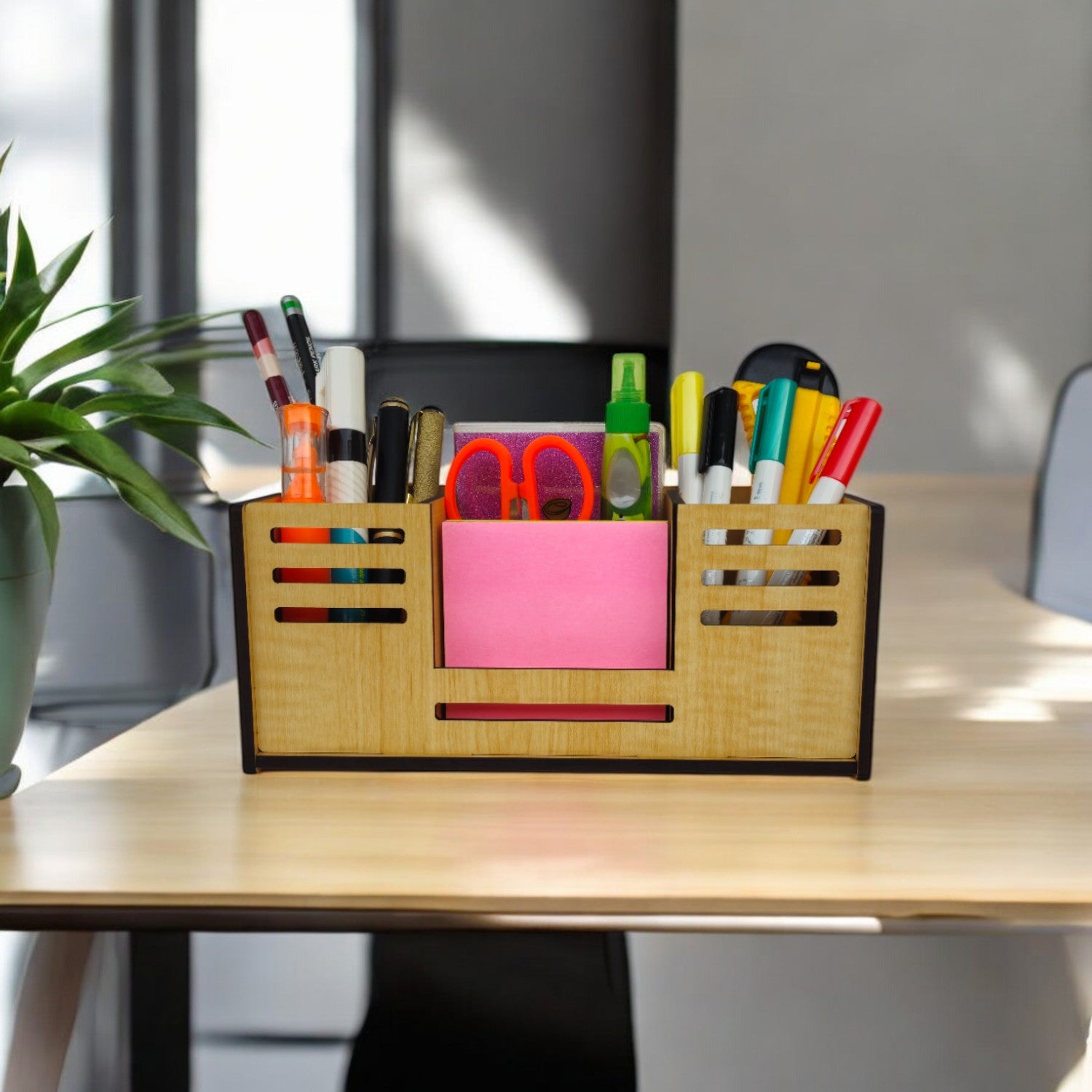 Desk Organizer With Mobile Holder, Remote & Visiting Card Holder | Multipurpose Wooden Pen And Pencil Holder Stand For Office Desk And Study Table.