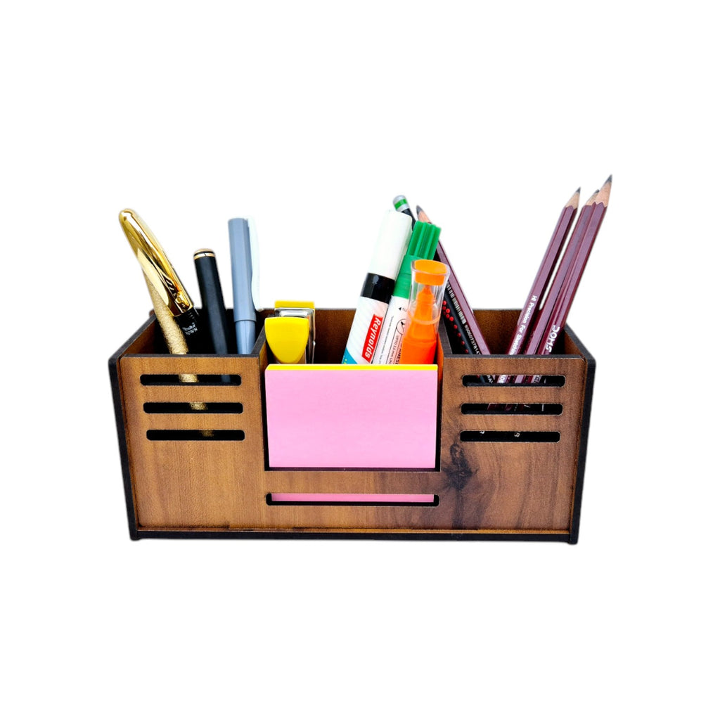 Desk Organizer With Mobile Holder, Remote & Visiting Card Holder | Multipurpose Wooden Pen And Pencil Holder Stand For Office Desk And Study Table.