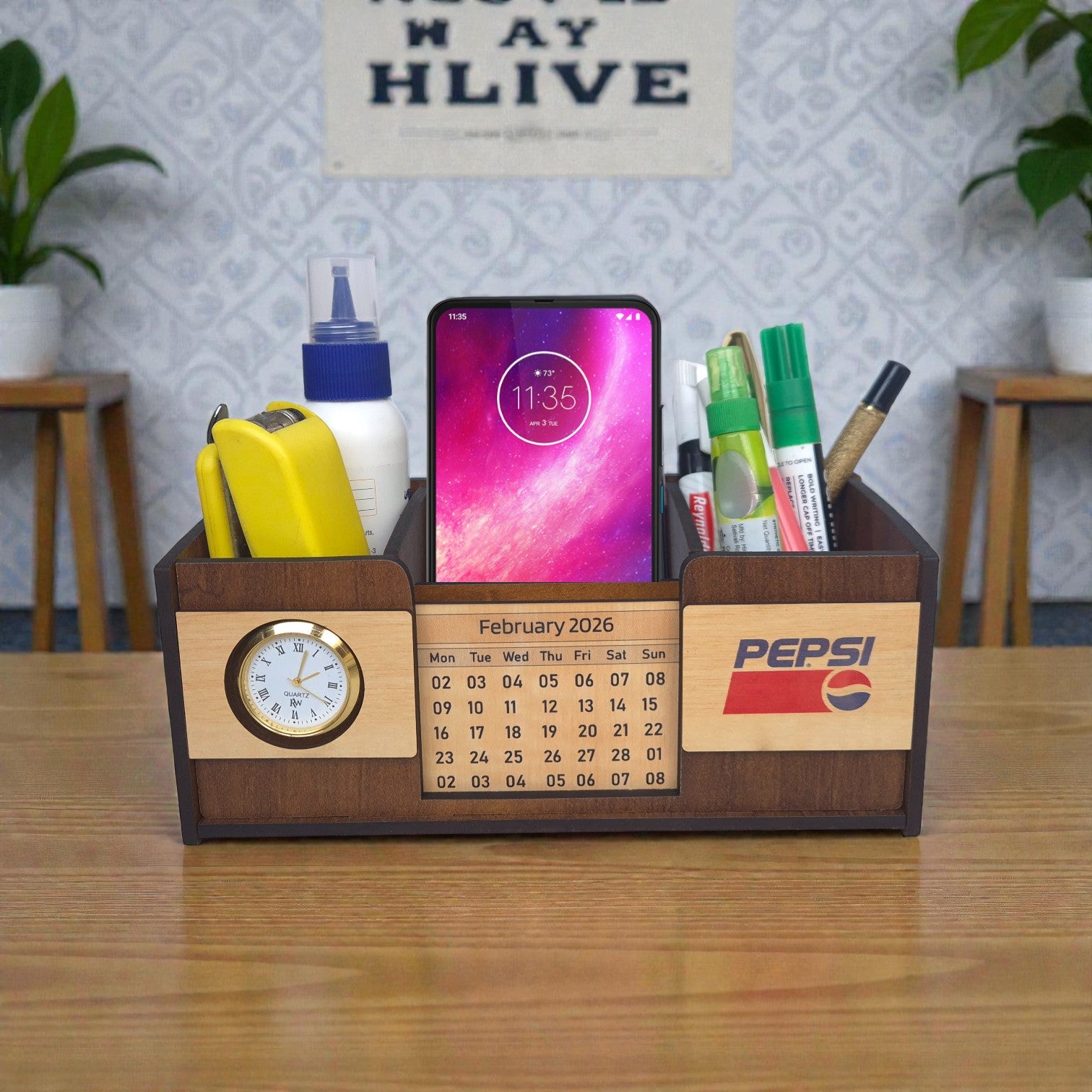 Desk Organizer With Mobile Holder, Remote & Visiting Card Holder | Multipurpose Wooden Pen And Pencil Holder Stand For Office Desk And Study Table