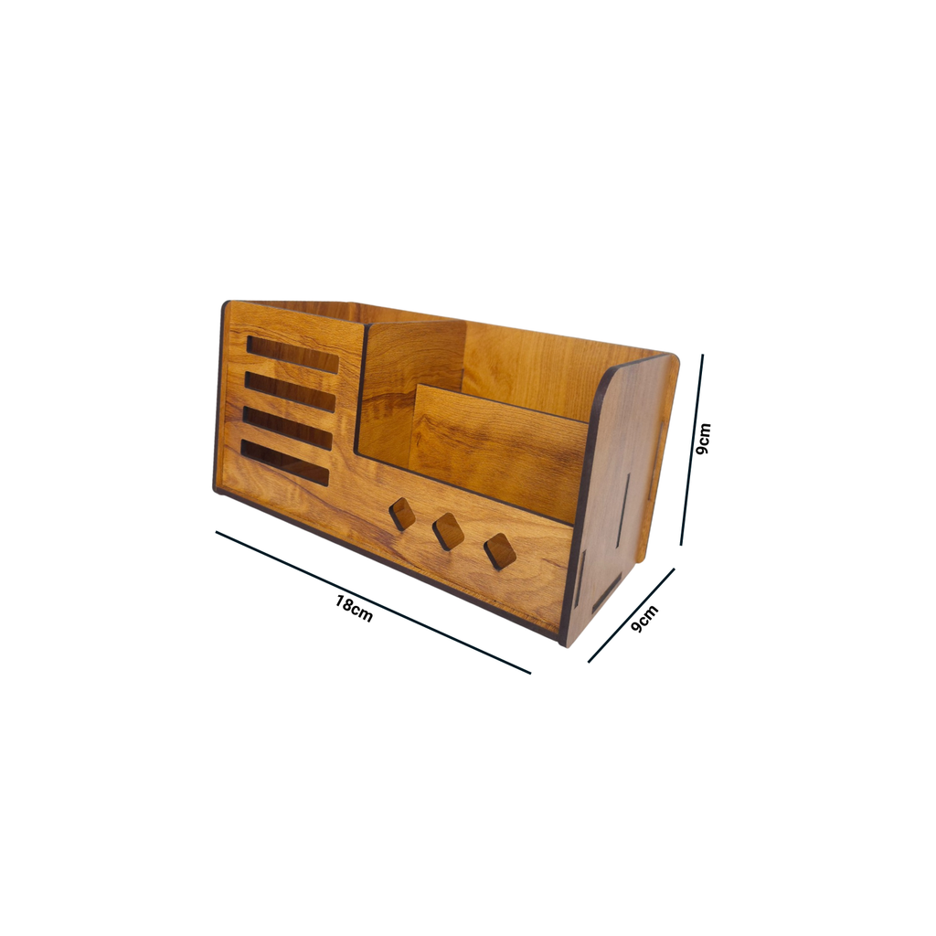 Multipurpose Wooden Desk Organizer with Pen, Pencil Stand, Business Card Holder, and Mobile Stand - Brown