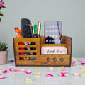 Multipurpose Wooden Desk Organizer with Pen, Pencil Stand, Business Card Holder, and Mobile Stand - Brown