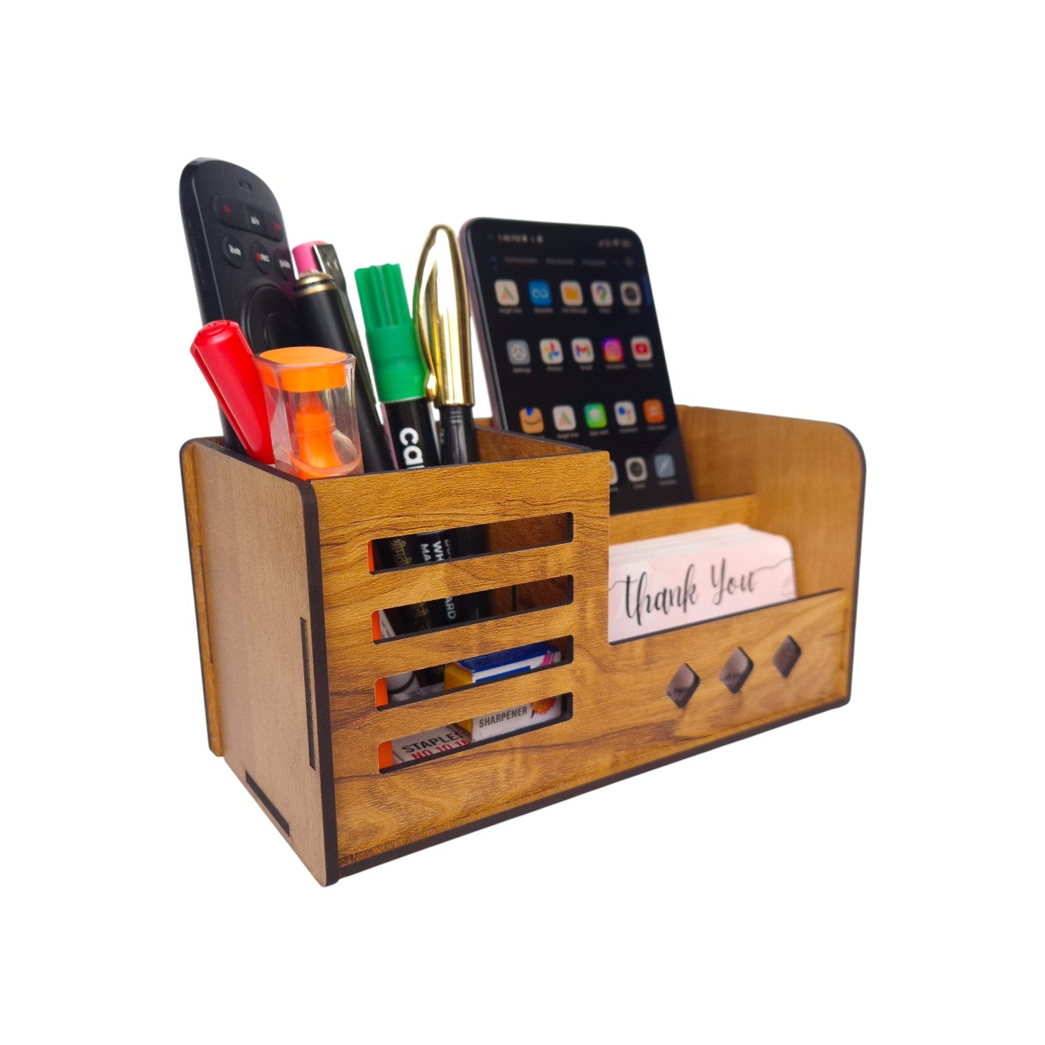 Multipurpose Wooden Desk Organizer with Pen, Pencil Stand, Business Card Holder, and Mobile Stand - Brown