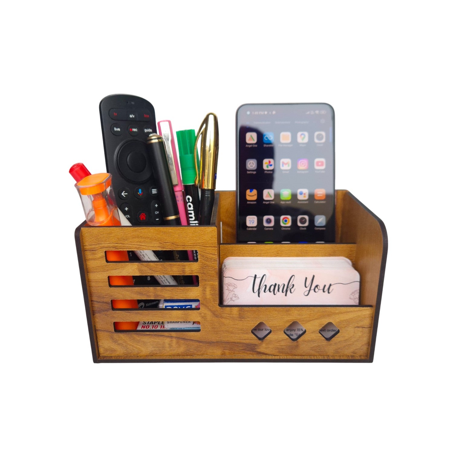 Multipurpose Wooden Desk Organizer with Pen, Pencil Stand, Business Card Holder, and Mobile Stand - Brown