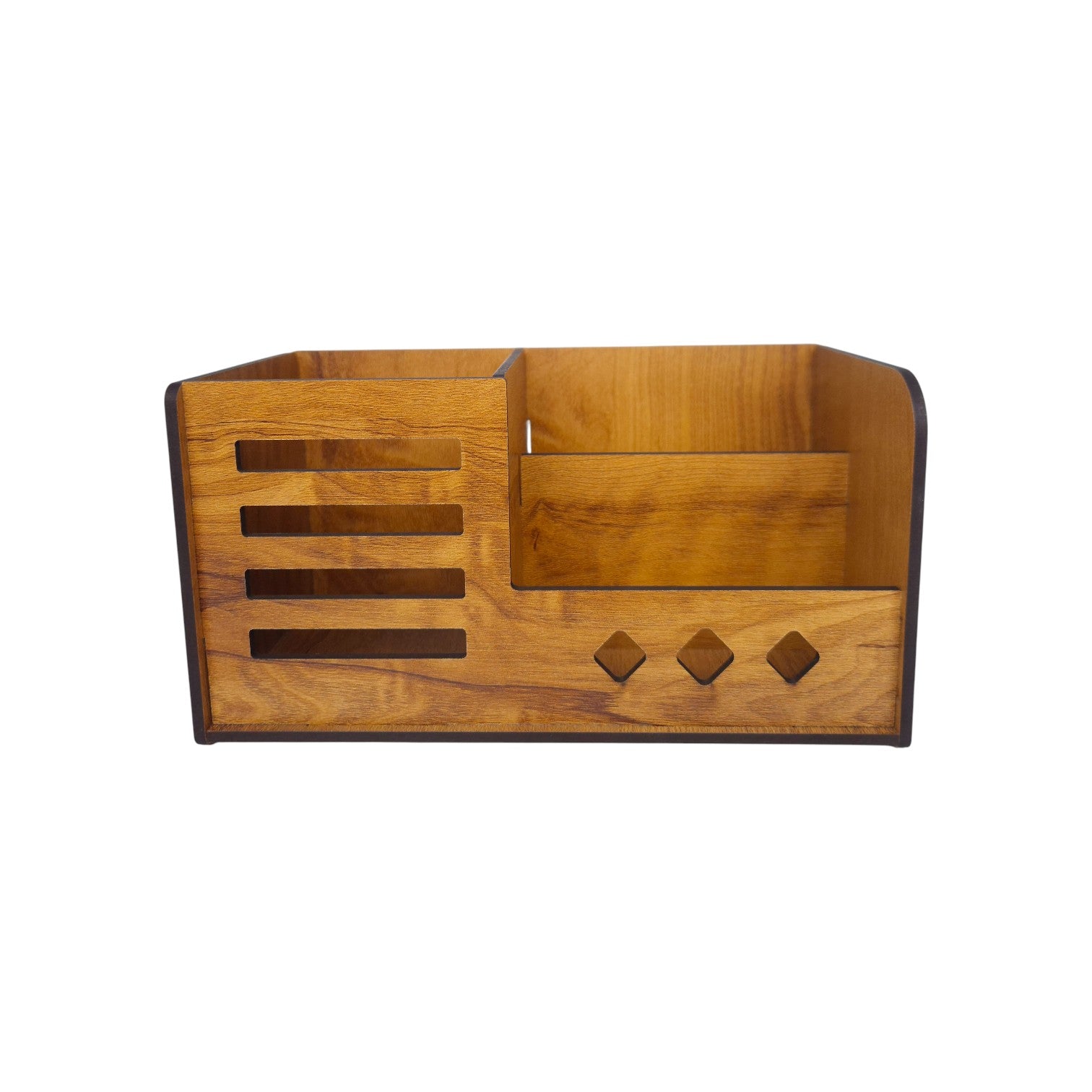 Multipurpose Wooden Desk Organizer with Pen, Pencil Stand, Business Card Holder, and Mobile Stand - Brown