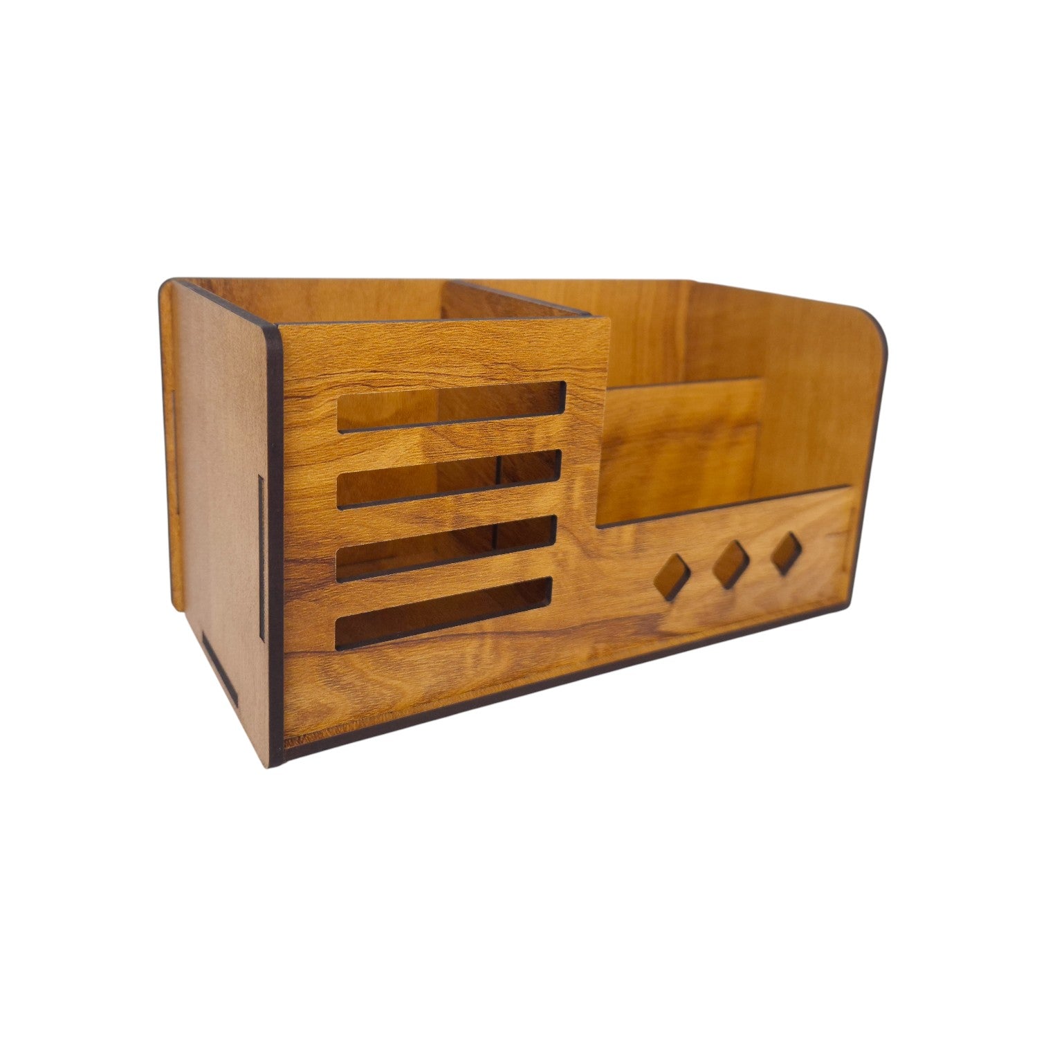 Multipurpose Wooden Desk Organizer with Pen, Pencil Stand, Business Card Holder, and Mobile Stand - Brown