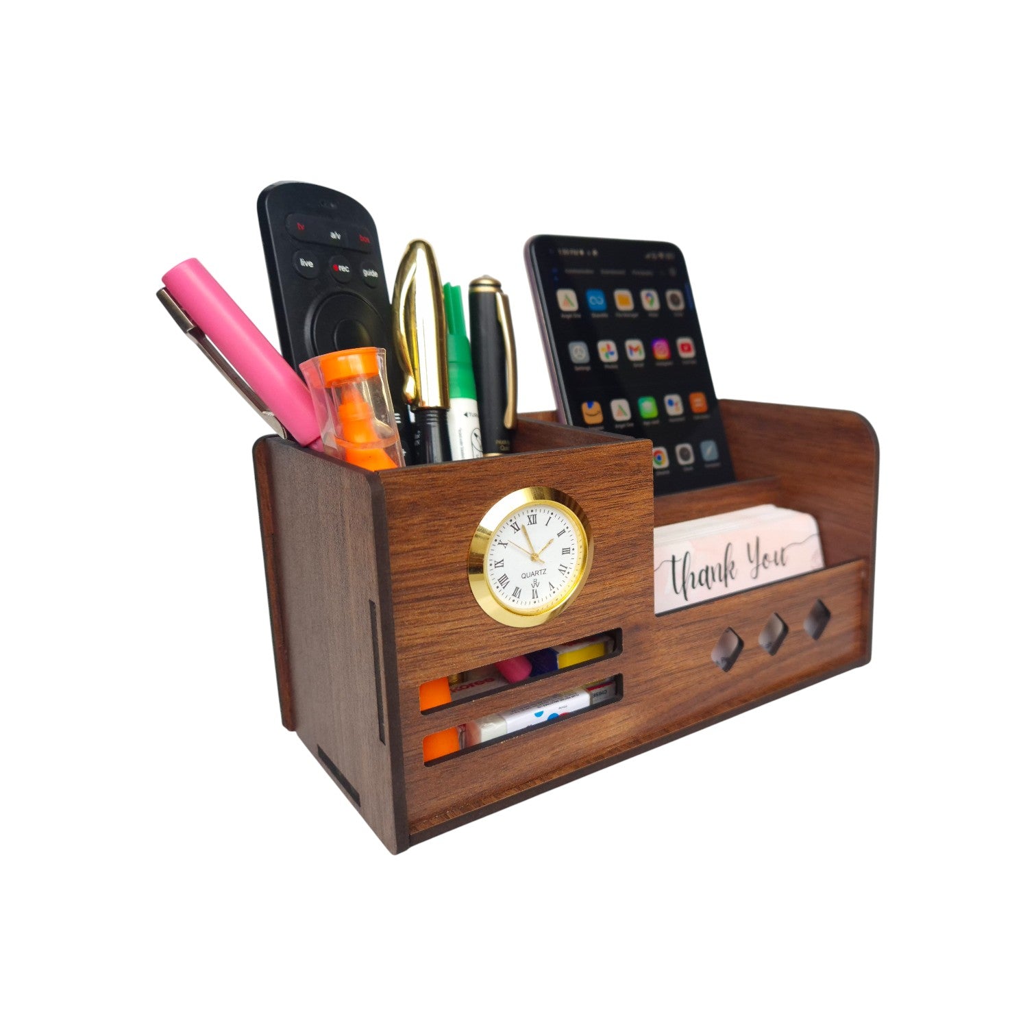 Multipurpose Wooden Desk Organizer with Pen, Pencil Stand, Business Card Holder, and Mobile Stand - Brown