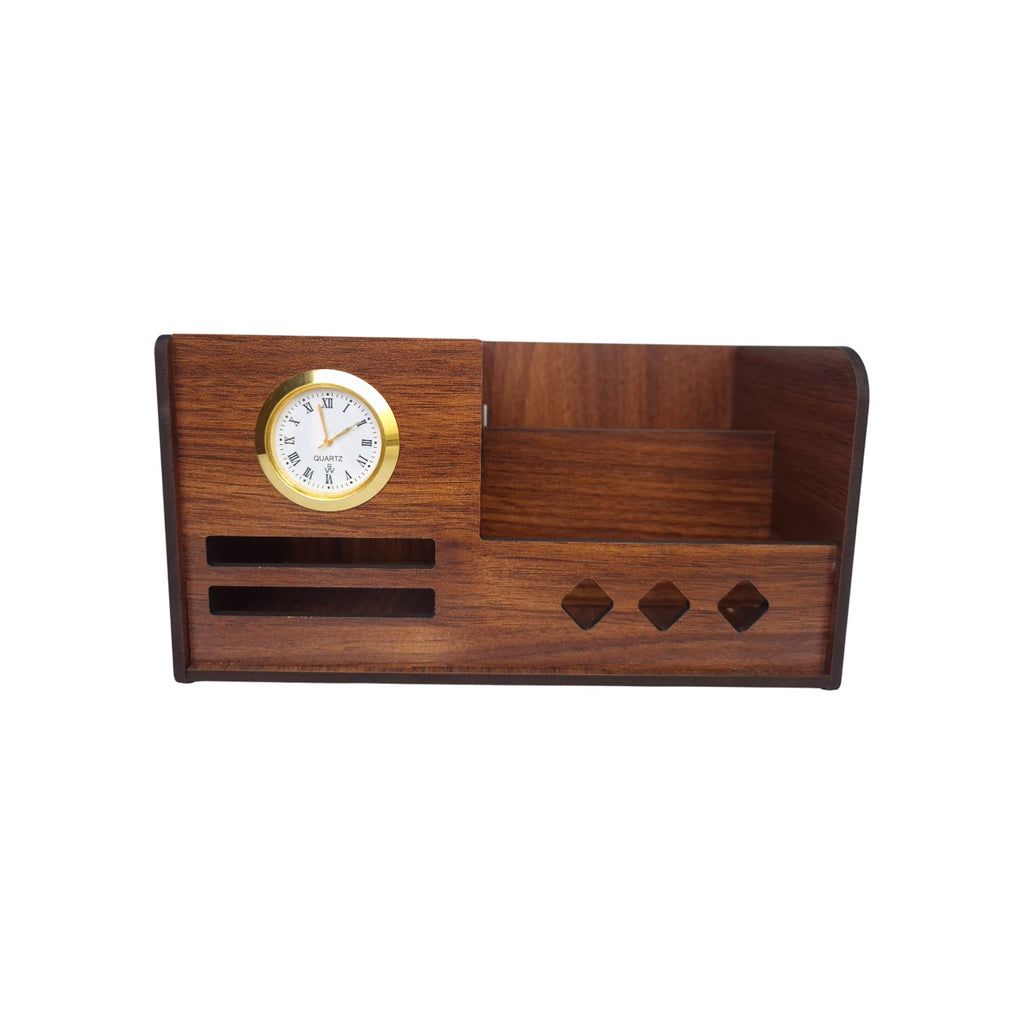 Multipurpose Wooden Desk Organizer with Pen, Pencil Stand, Business Card Holder, and Mobile Stand - Brown