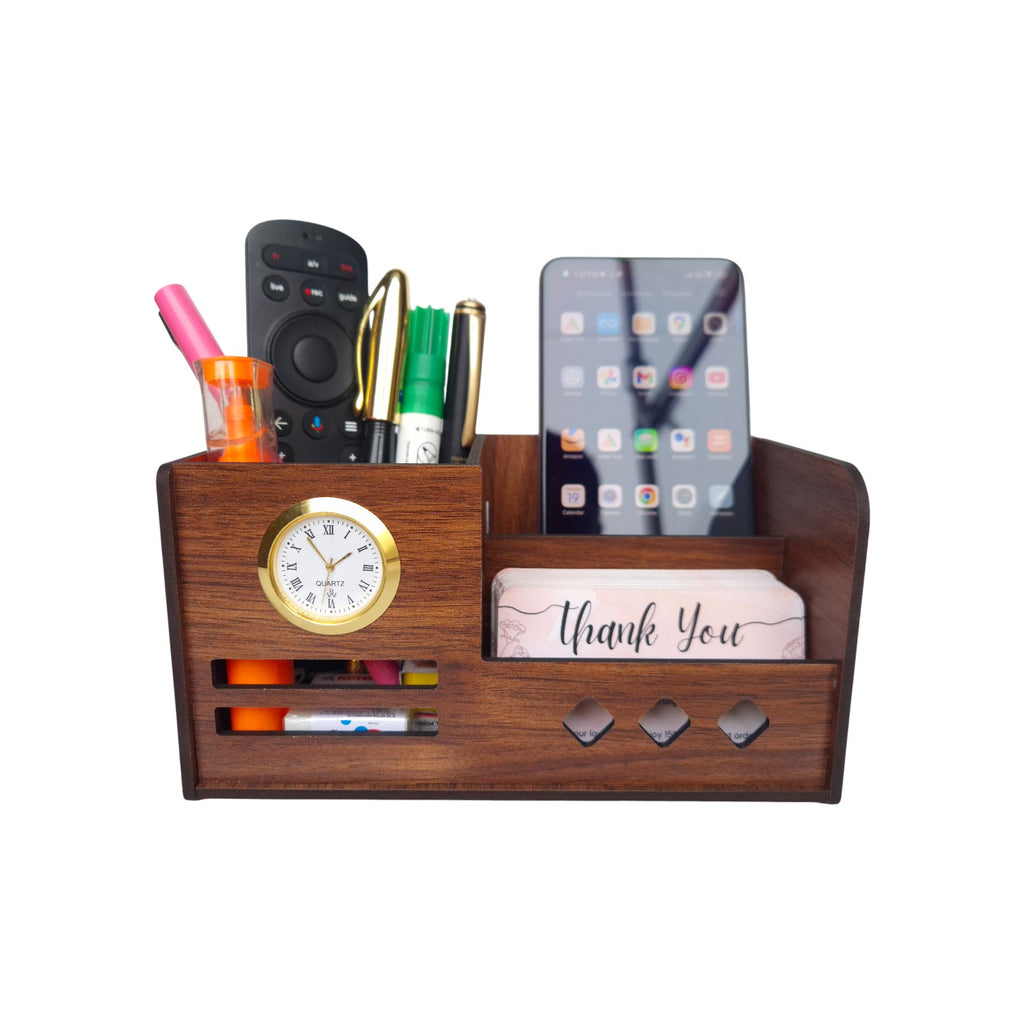 Multipurpose Wooden Desk Organizer with Pen, Pencil Stand, Business Card Holder, and Mobile Stand - Brown