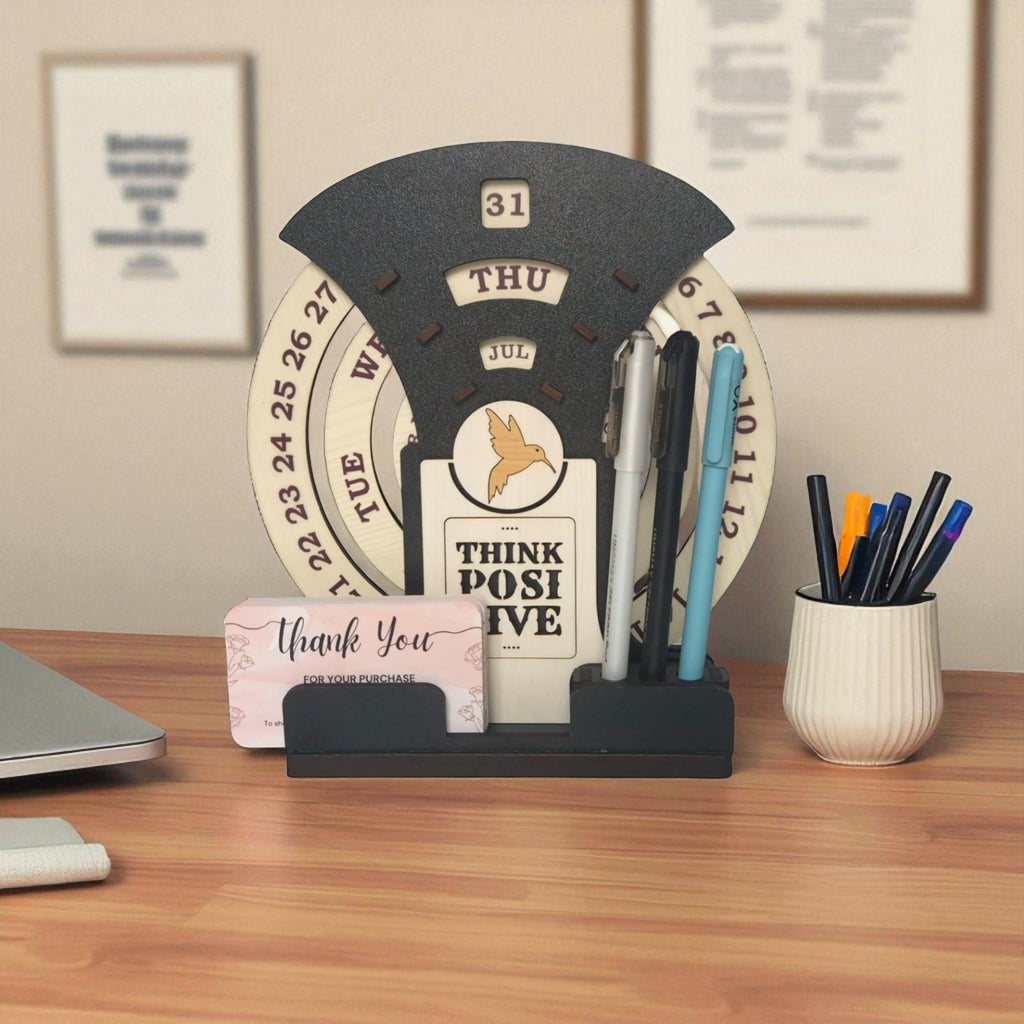 Circular lifetime wooden Desk Calendar with Pen holders & Visiting Card for Office and home decoration | Desk Organizer for gifitng.