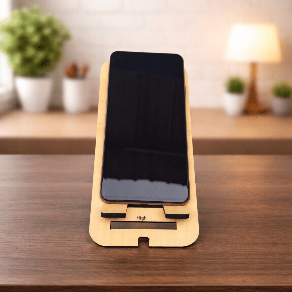 Wooden Mobile Stand with charging cable slot | 3 level adjustable phone holder